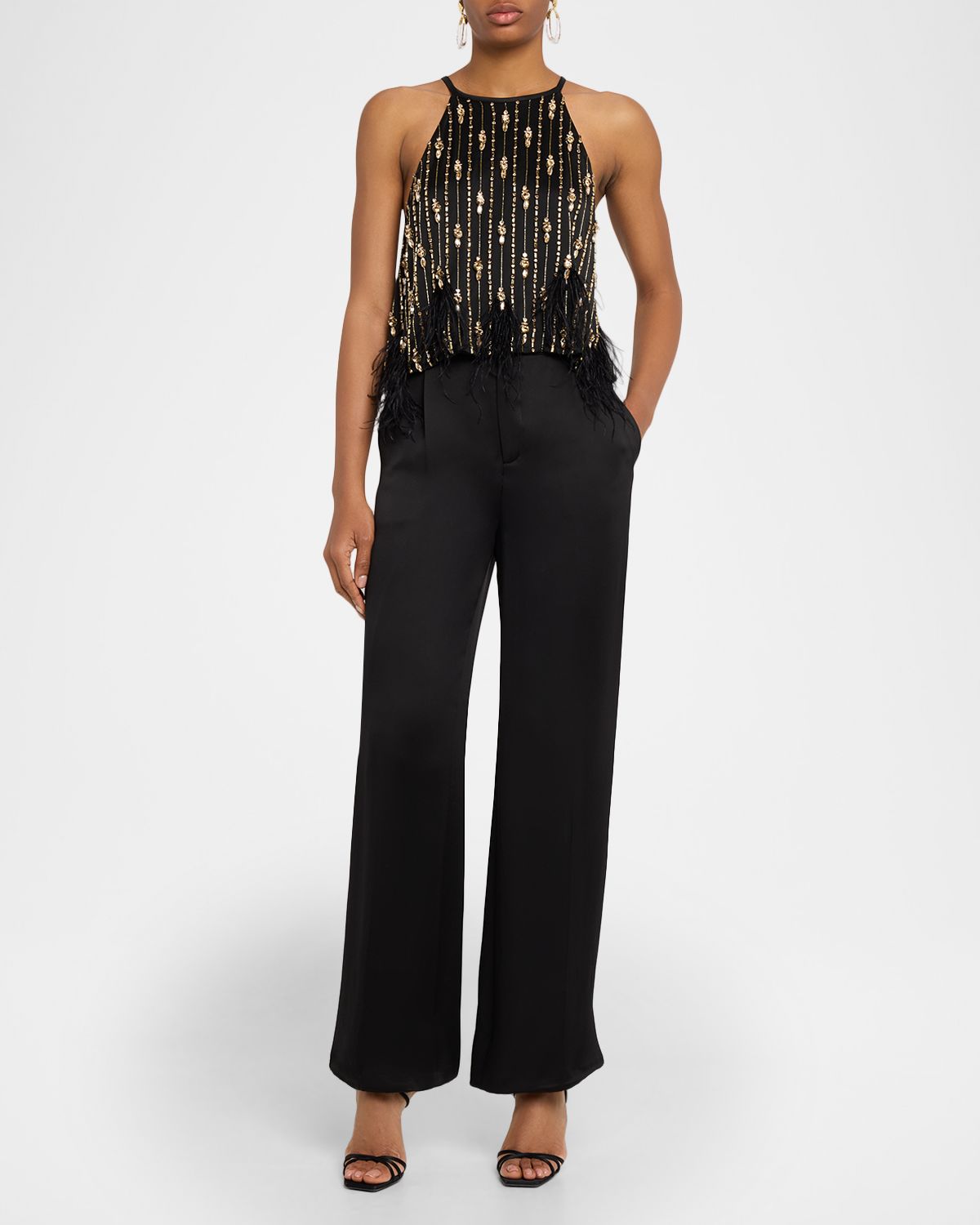 LAPOINTE Embellished Satin Crop Halter Top