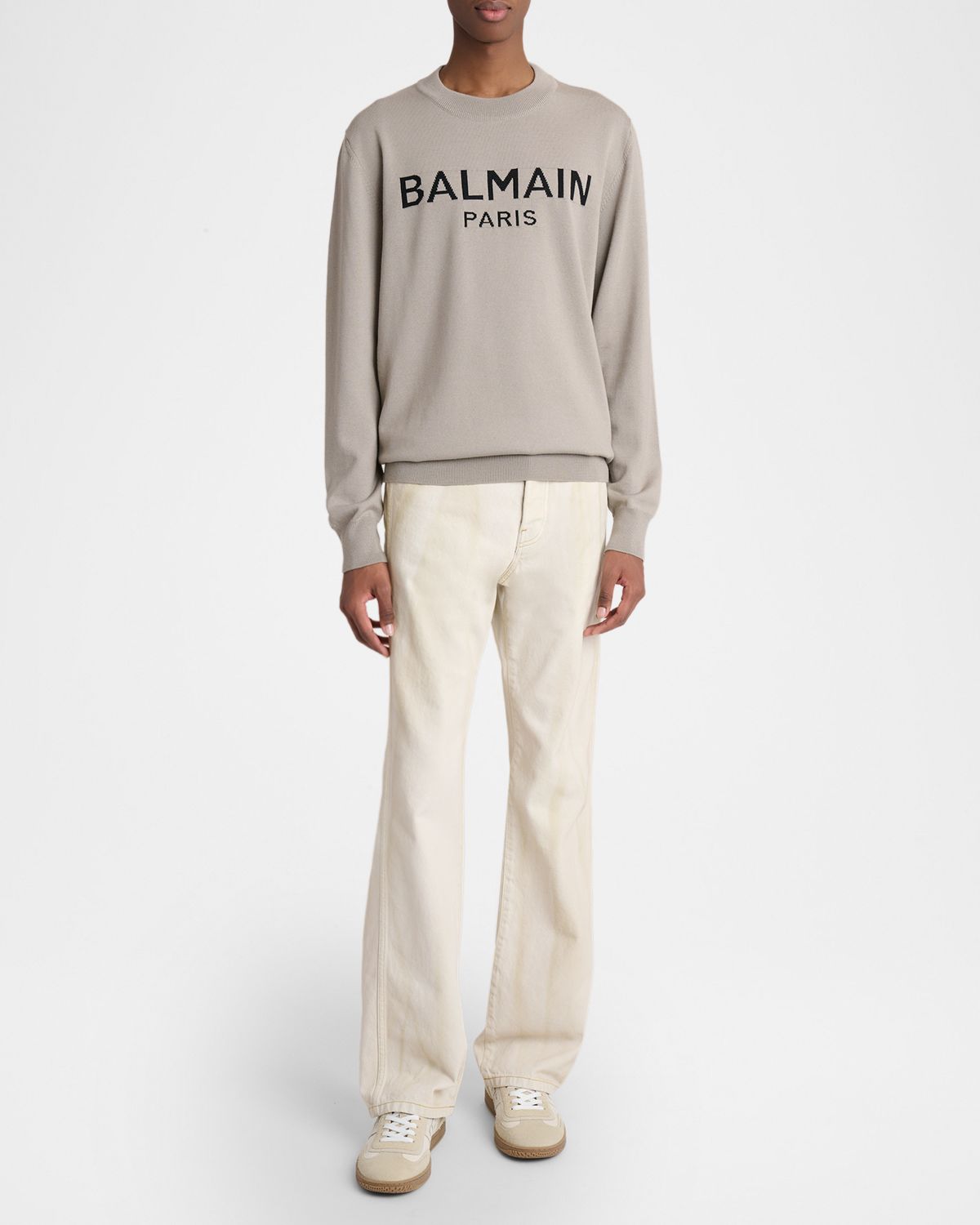 Balmain Men 's Wool Intarsia ogo Crewneck Sweater