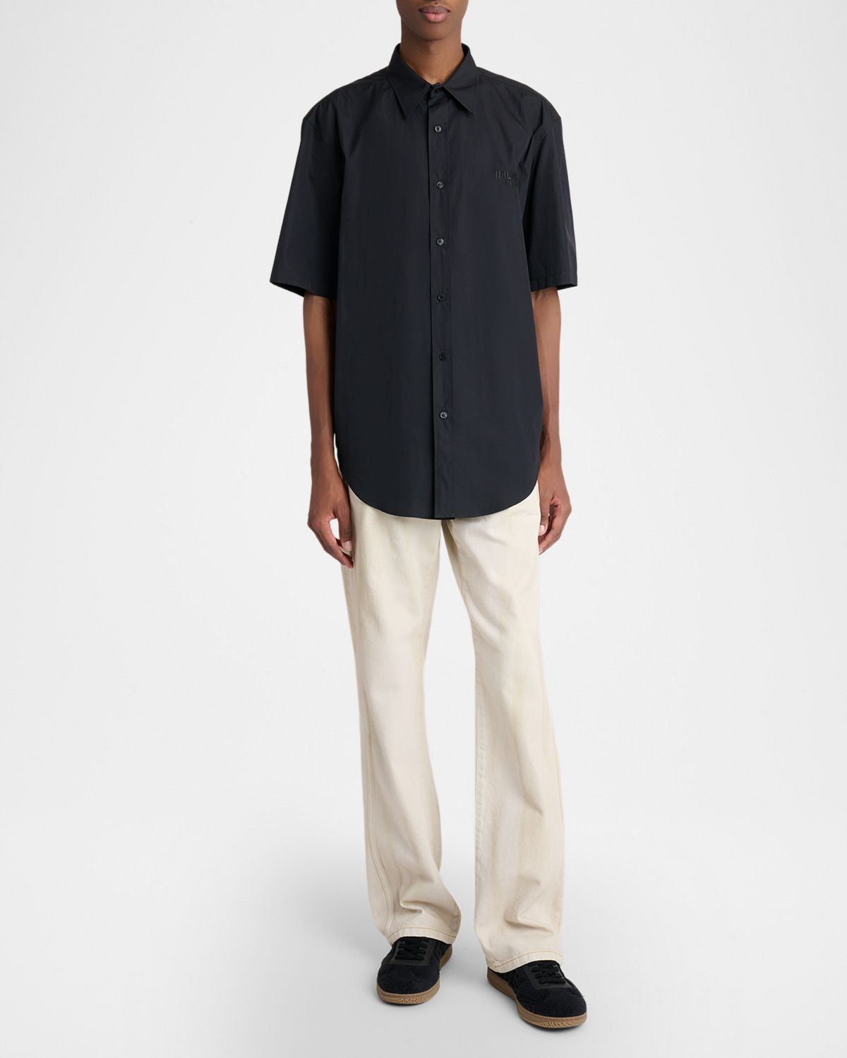 Balmain Men 's Poplin Embroidered-Logo Oversized Short-Sleeve Shirt - Men's Clothing