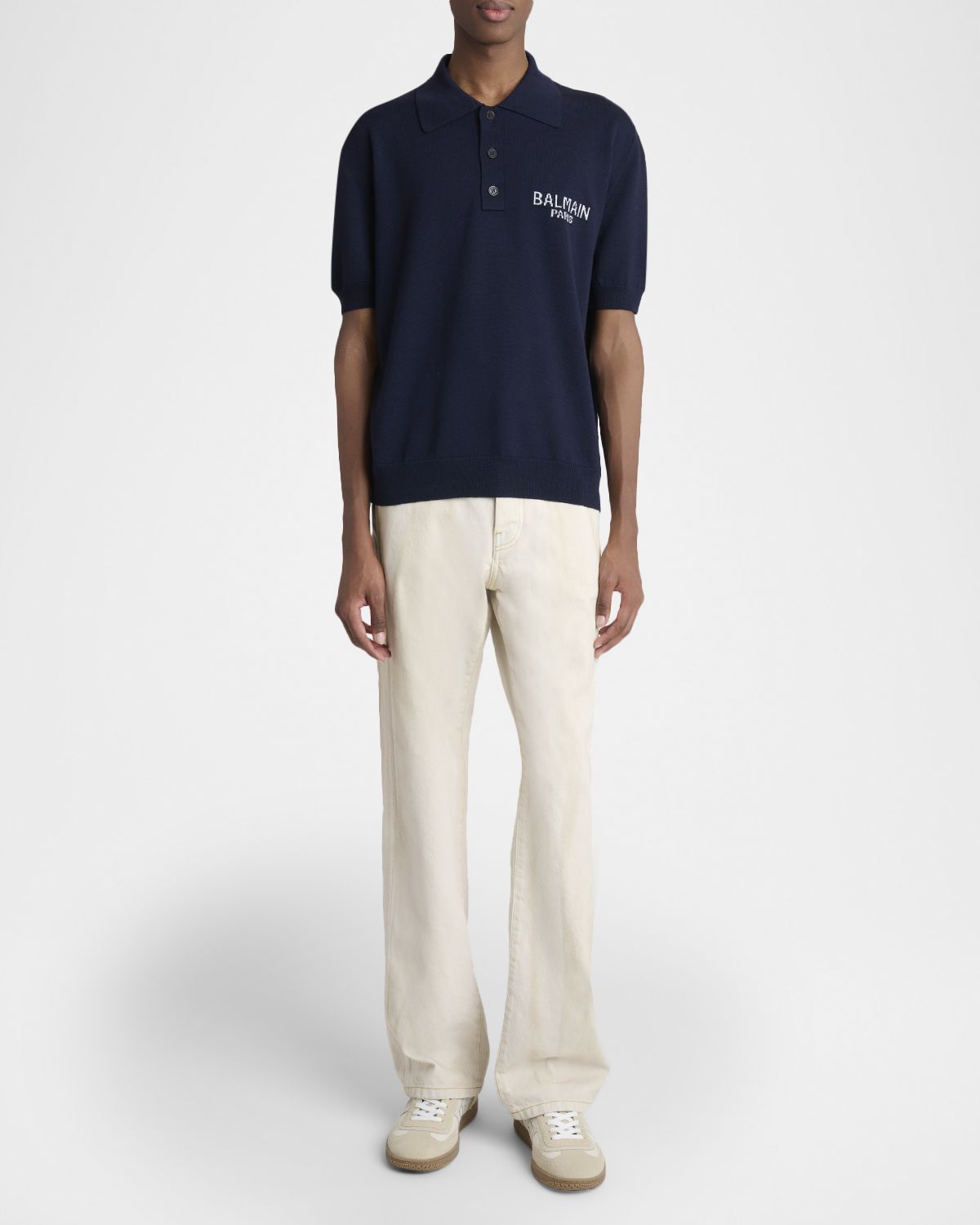 Balmain Men 's Intarsia Logo Wool Knit Polo Sweater