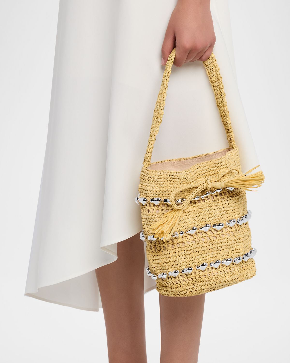 BTB Los Angeles Atlas Metallic-Embellished Raffia Bucket Bag