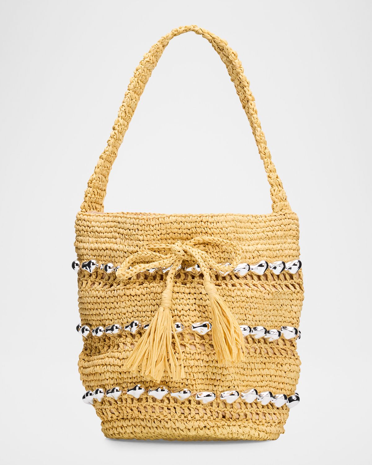 BTB Los Angeles Atlas Metallic-Embellished Raffia Bucket Bag