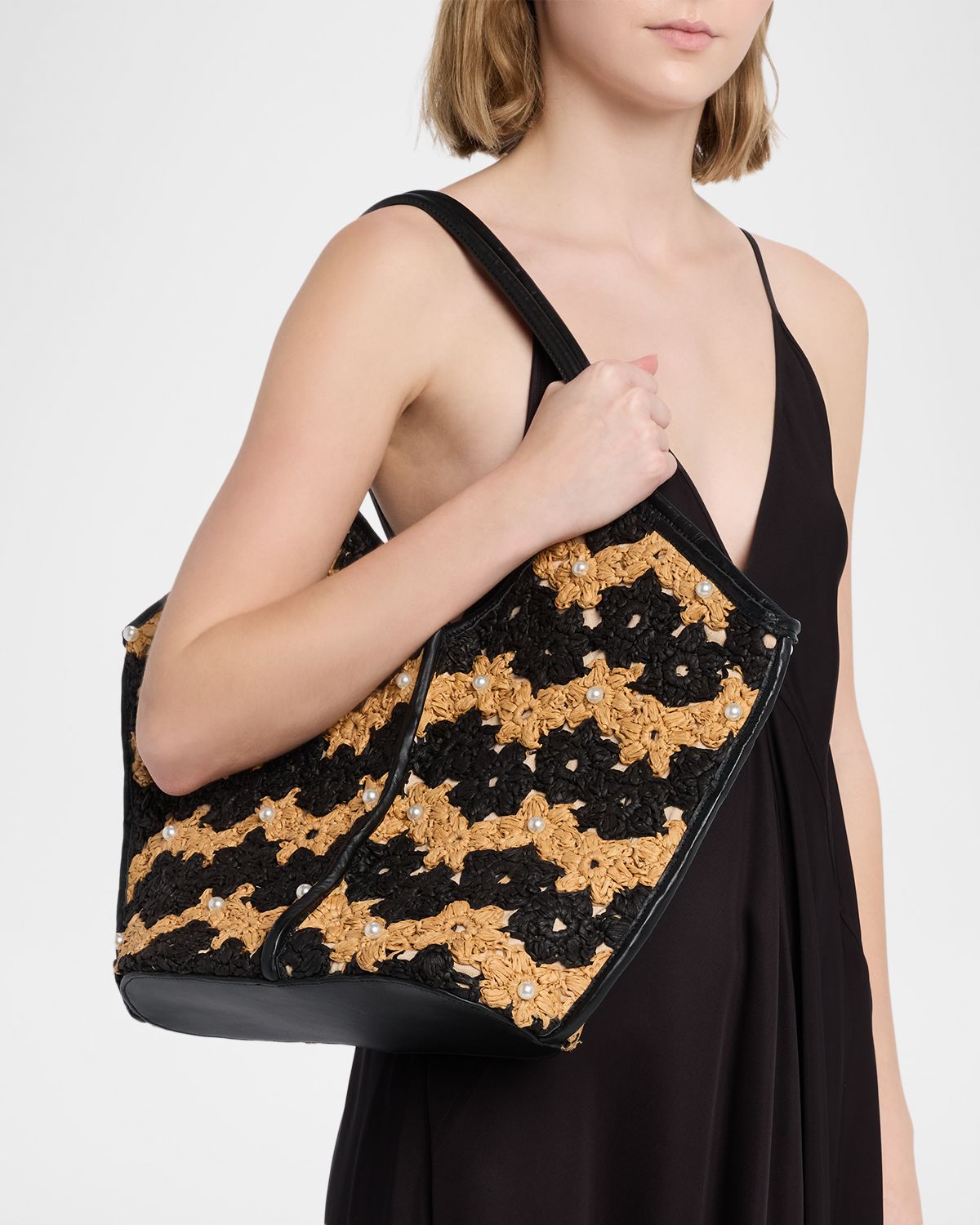 BTB Los Angeles Jenson Floral Crochet Raffia Tote Bag