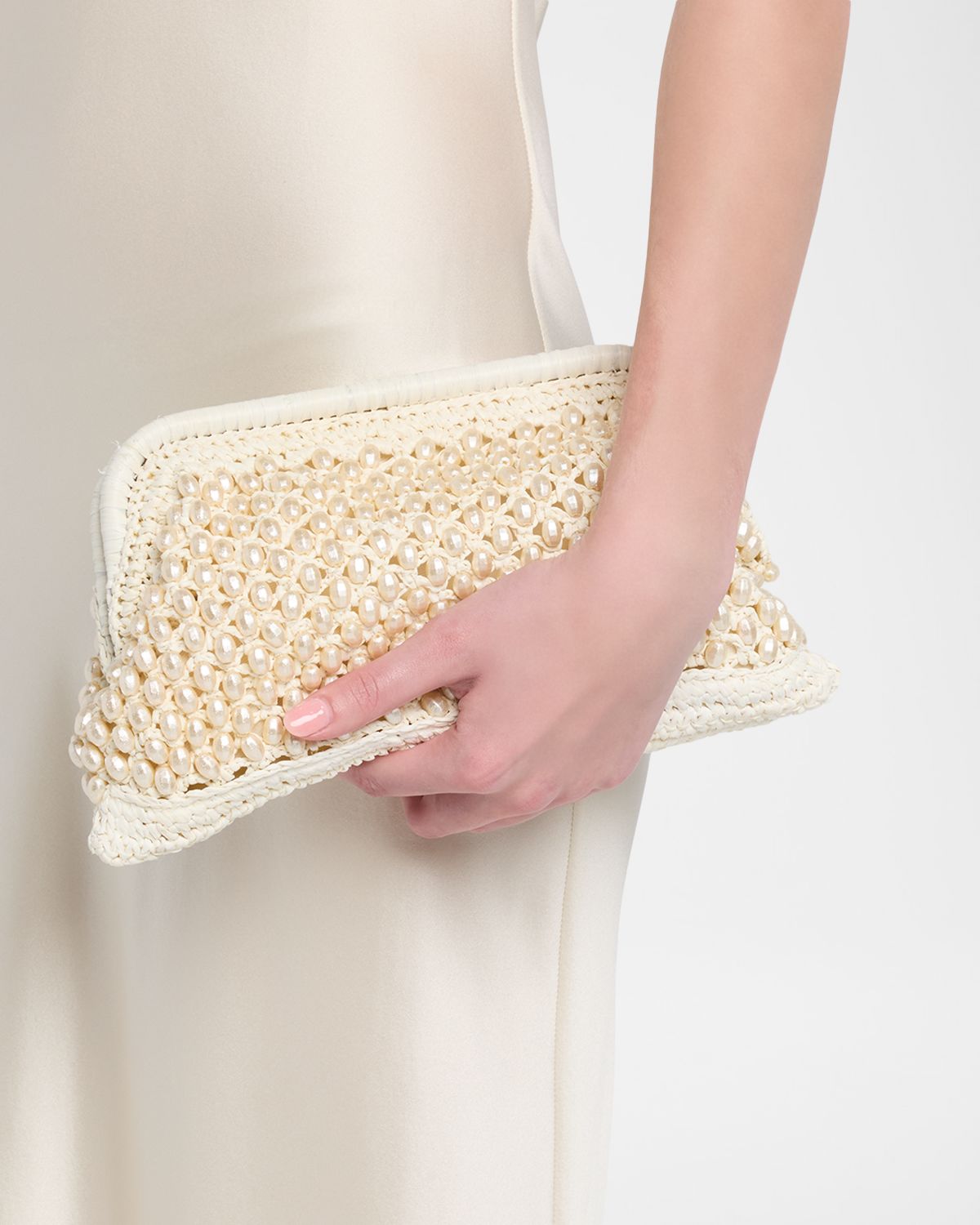BTB Los Angeles Perola Pearly Beaded Raffia Clutch Bag
