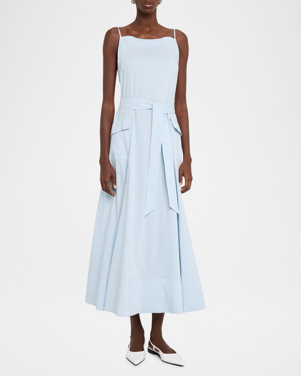 Lela Rose Striped Cotton Poplin Belted Midi Dress