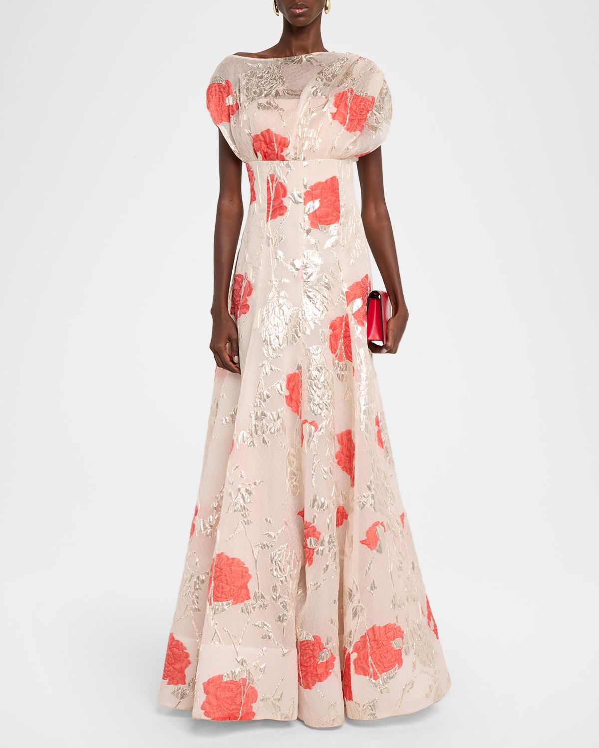 Lela Rose Metallic Floral Fil Coupe Cap-Sleeve Gown