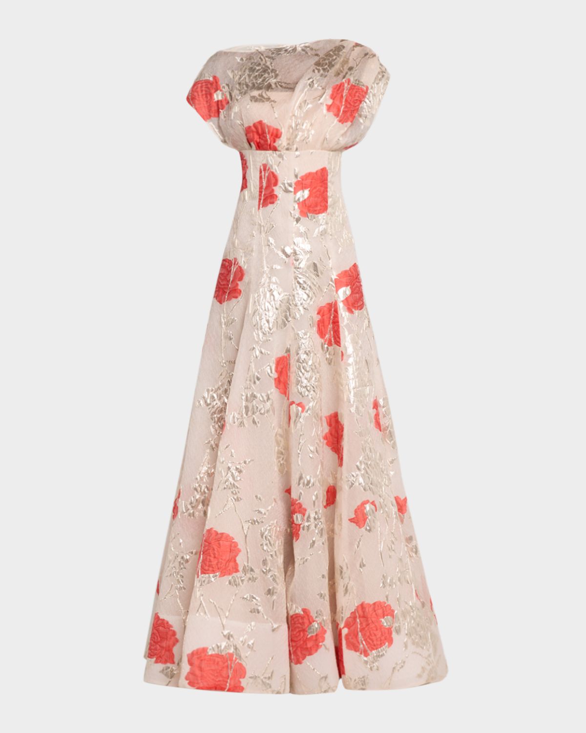 Lela Rose Metallic Floral Fil Coupe Cap-Sleeve Gown