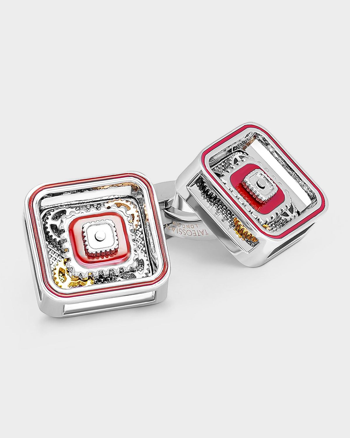 Tateossian Men 's Quadrato Gear Cufflinks with Red Enamel