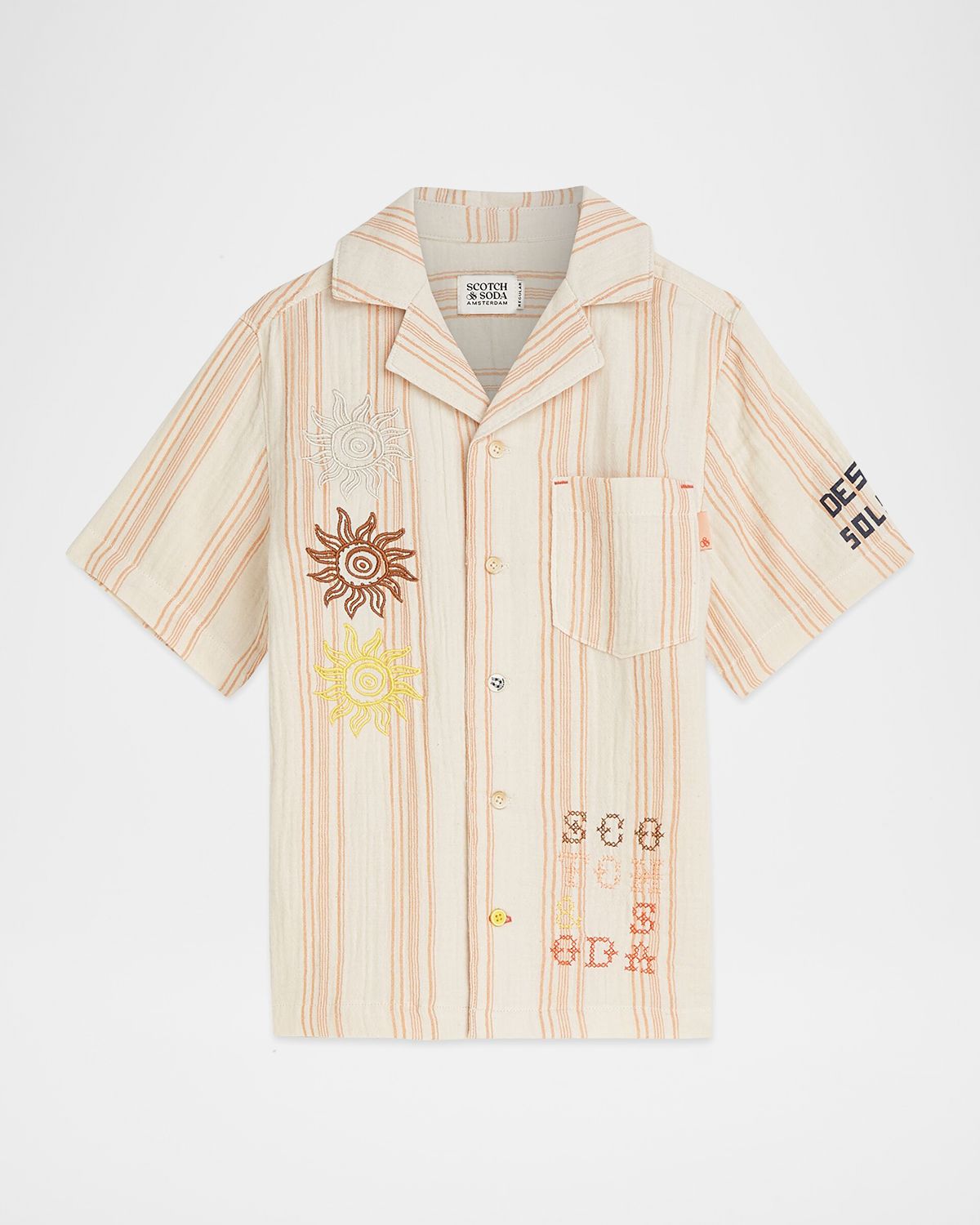 Scotch & Soda Boy 's Placed Embroidery Stripe Cotton Short-Sleeve Shirt, Size 4-12