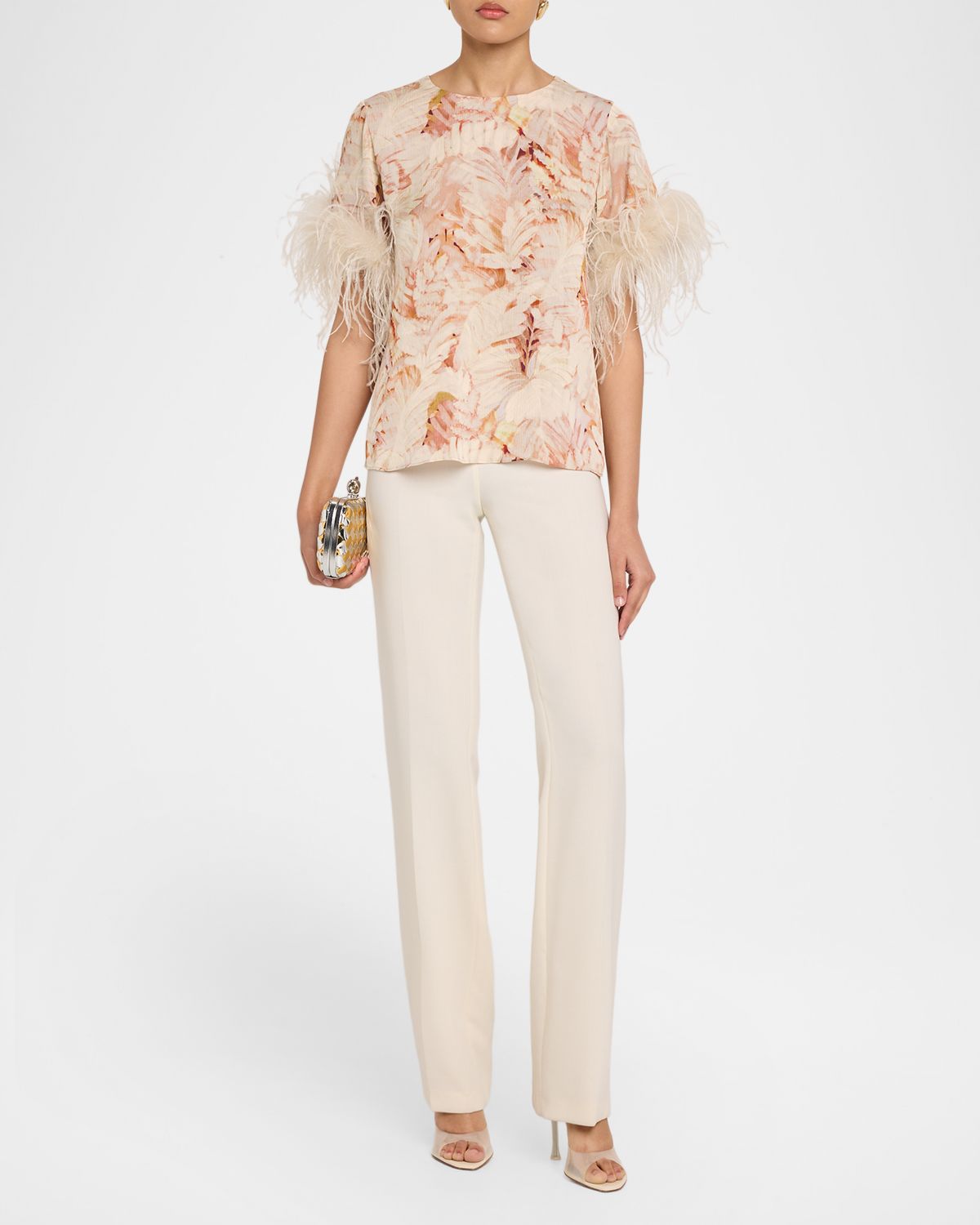 Ungaro Logan Feather-Cuff Floral-Print Blouse