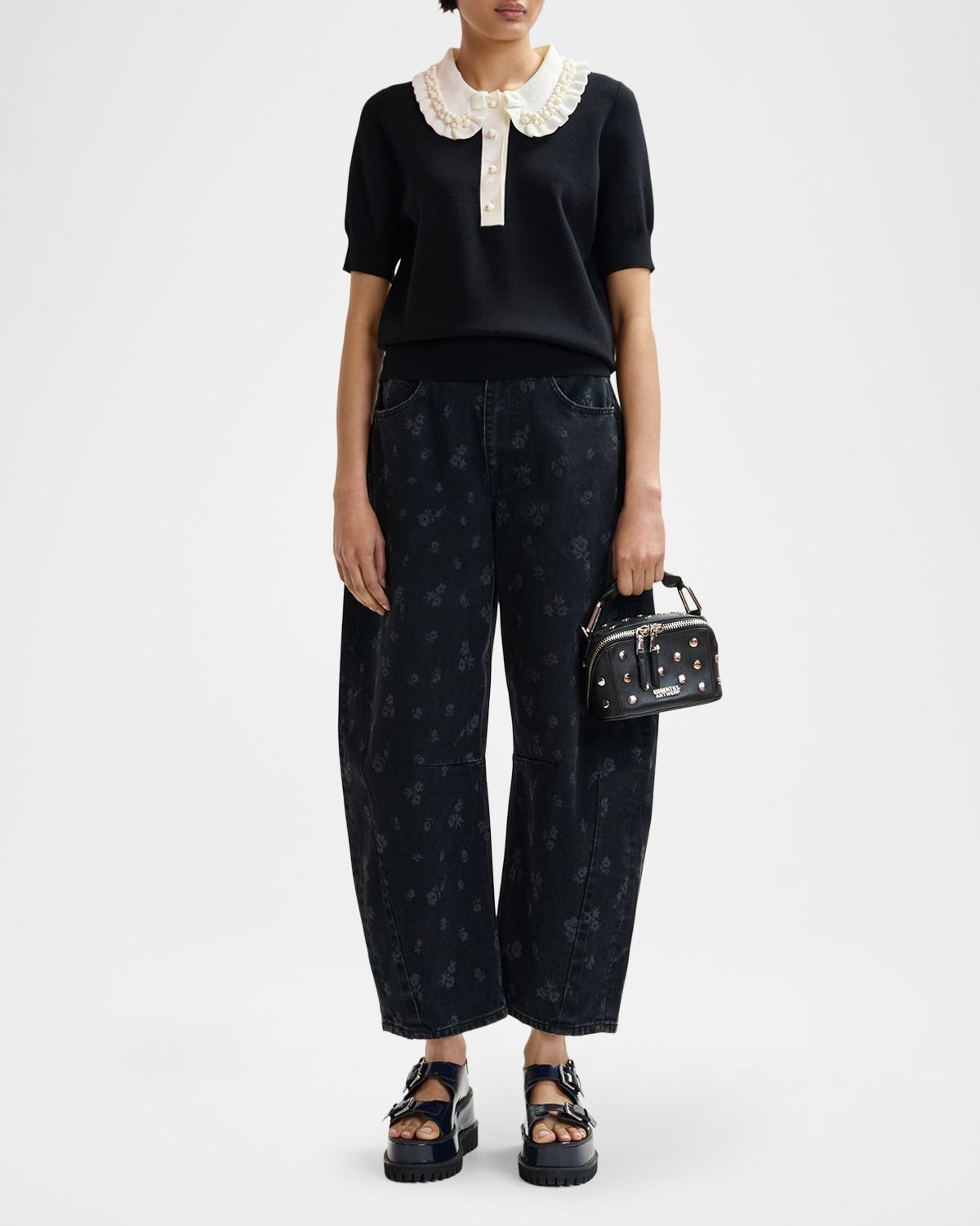 Essentiel Antwerp Ruffle Fine-Knit Polo Top with Bead Embellishments