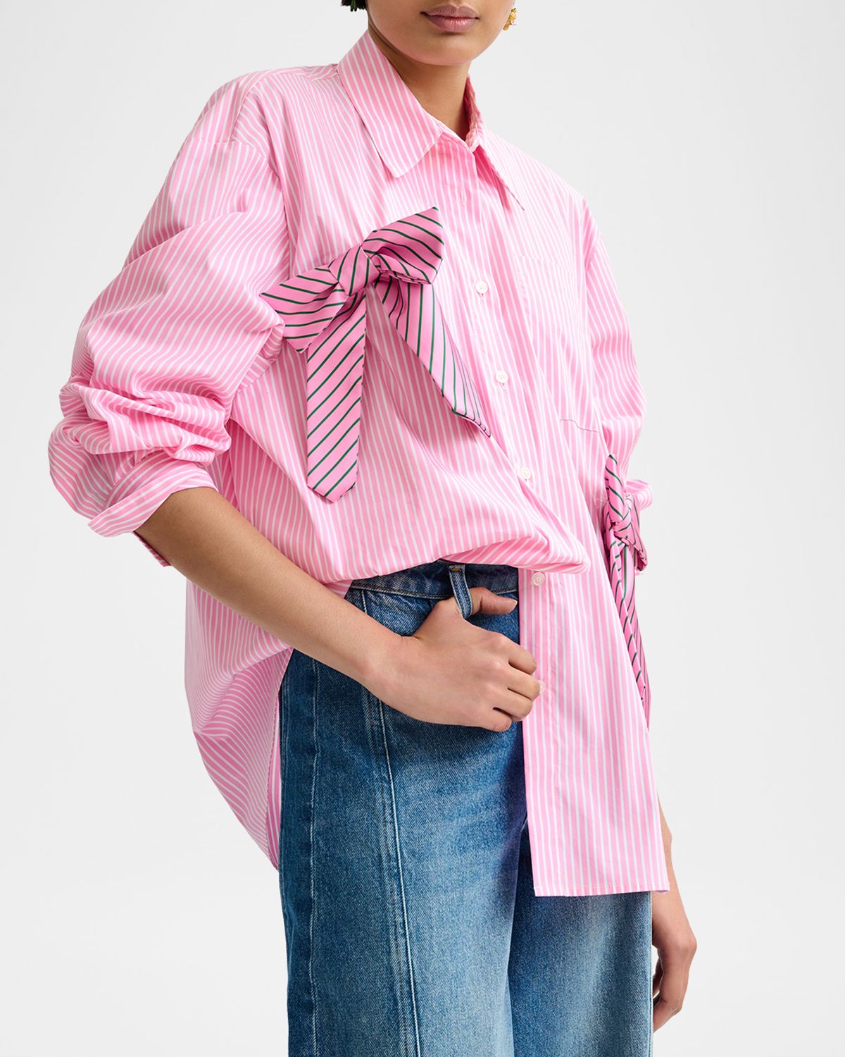 Essentiel Antwerp Jiwi Striped Oversized Cotton Shirt with Tie Bows