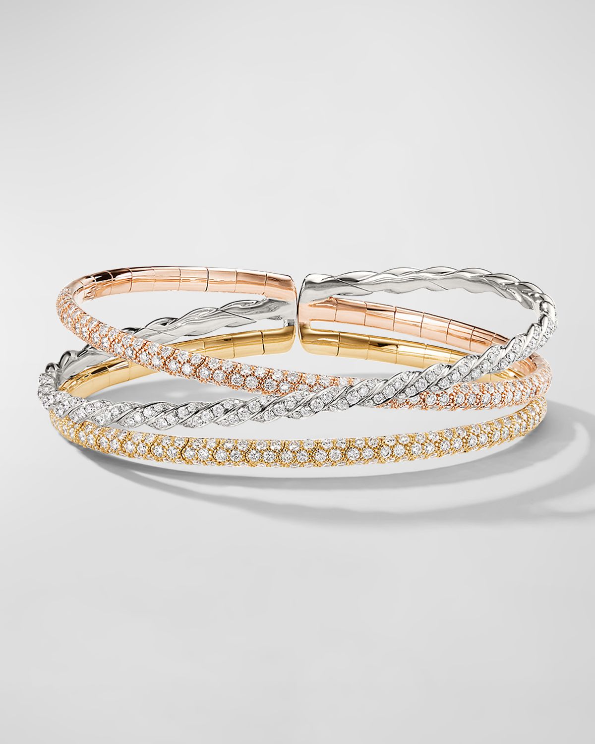 David Yurman Sculpted Cable Three-Row Bracelet with Diamonds in 18K Gold