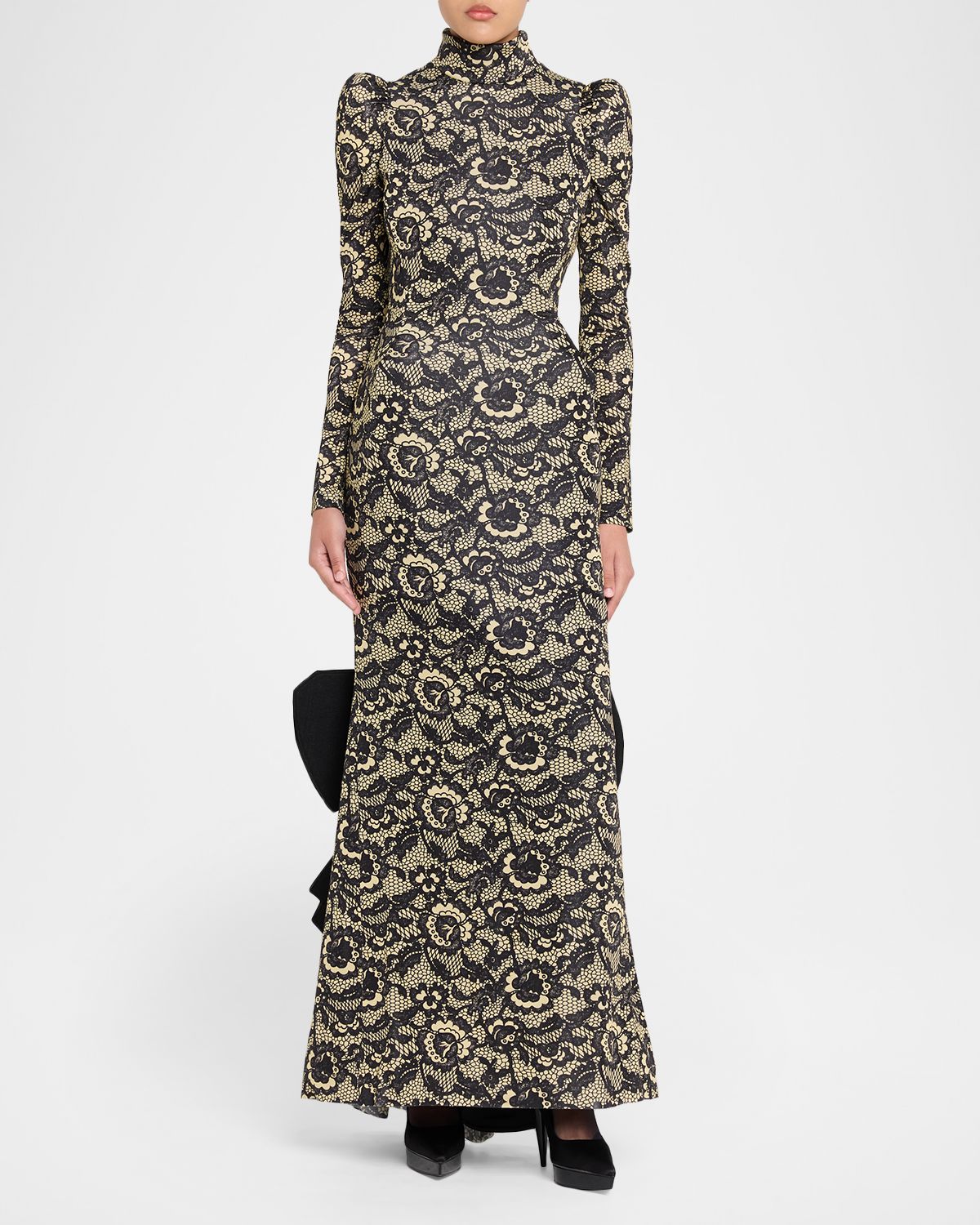 Marc Jacobs Runway Lace-Print Sculptural Long-Sleeve Bow Trumpet Gown