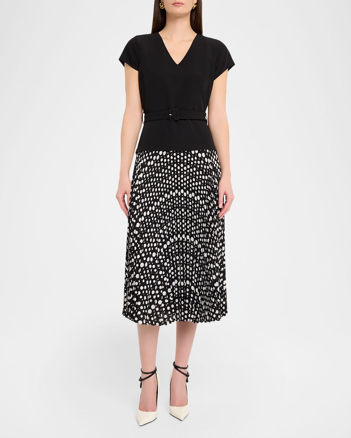Elie Tahari Pleated Polka Dot Midi Dress