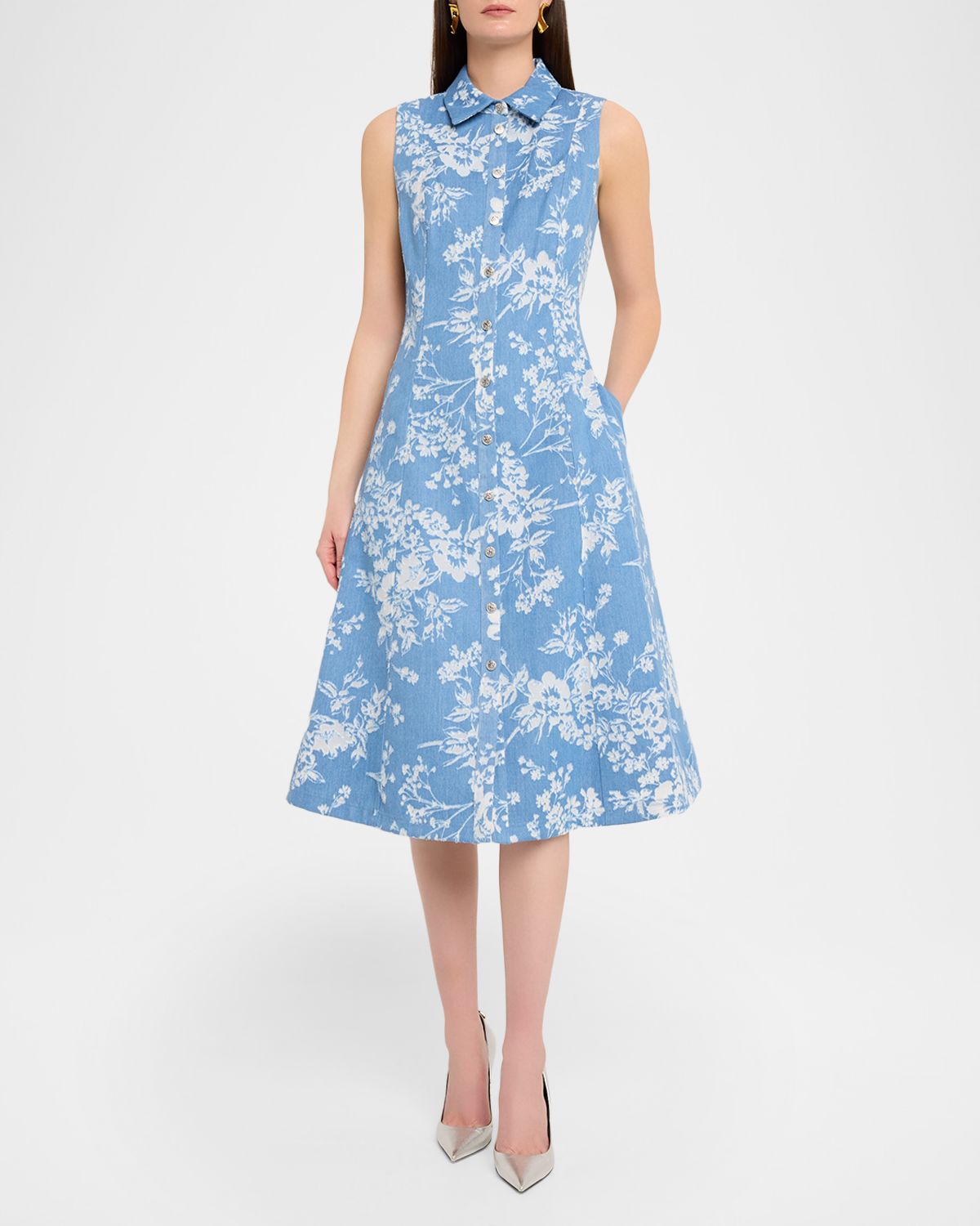 Elie Tahari The Gabby Sleeveless Floral Denim Midi Dress