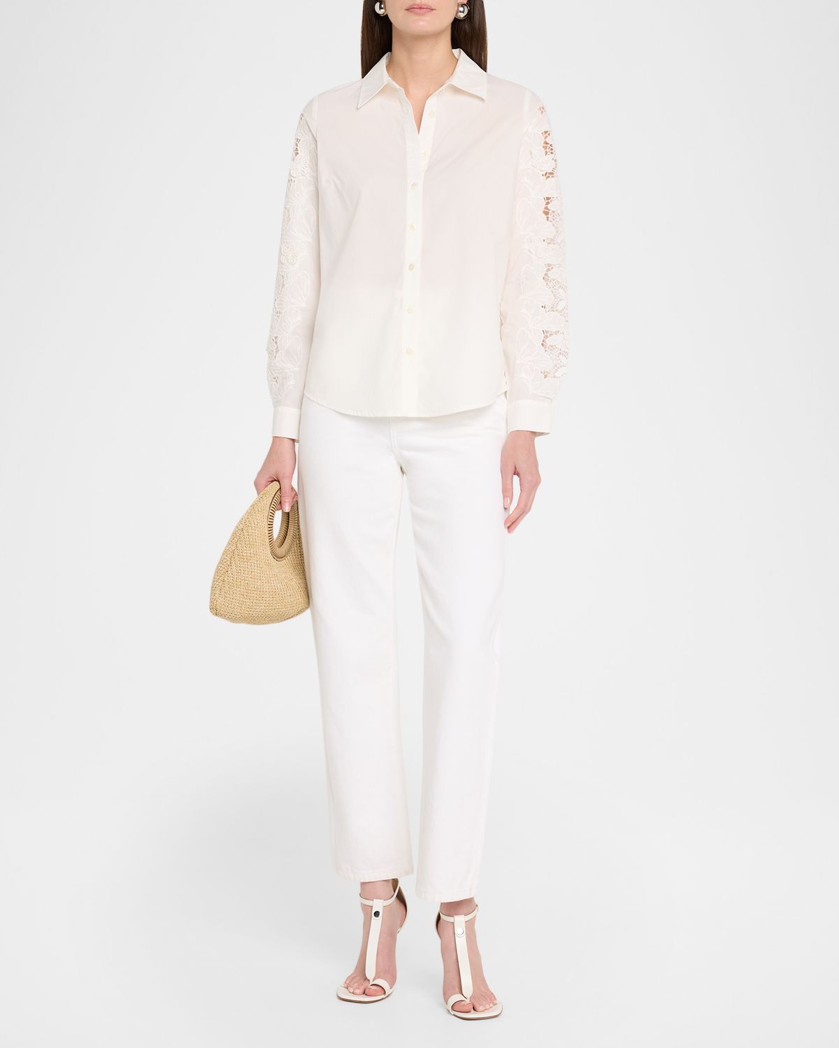Elie Tahari The Dani Butterfly Lace-Sleeve Cotton Blouse