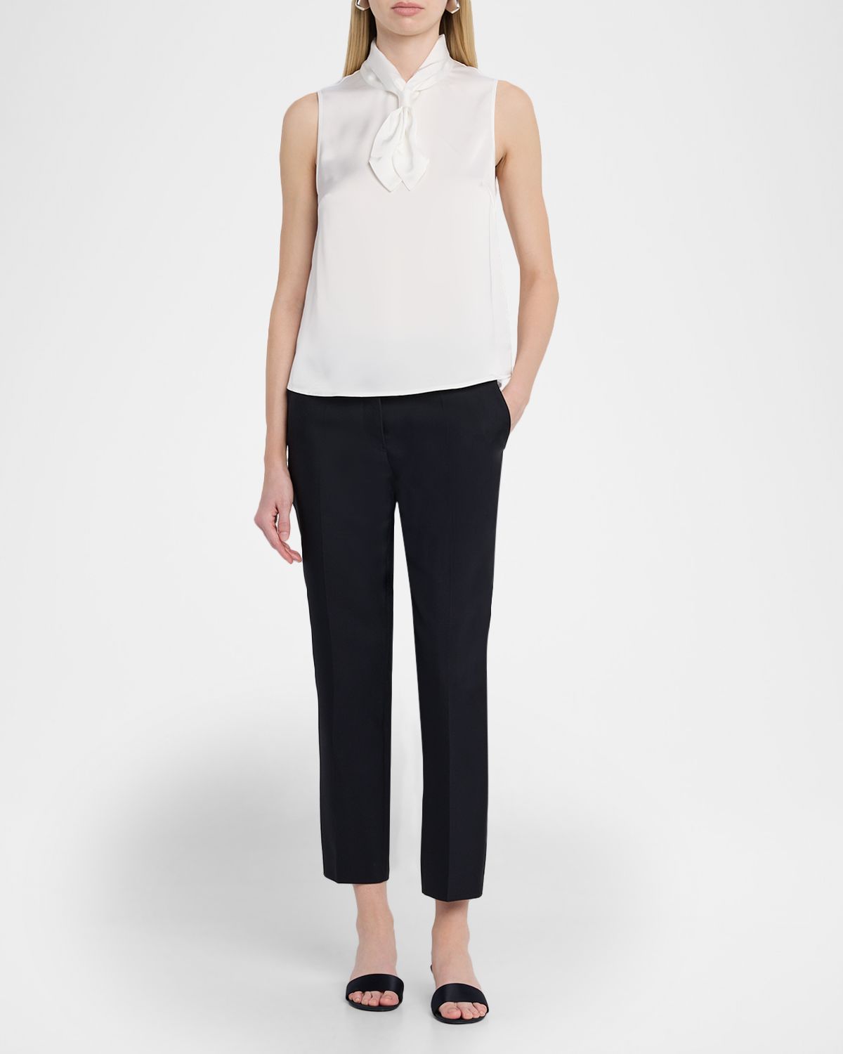 Misook Tie-Neck Sleeveless Crepe De Chine Blouse