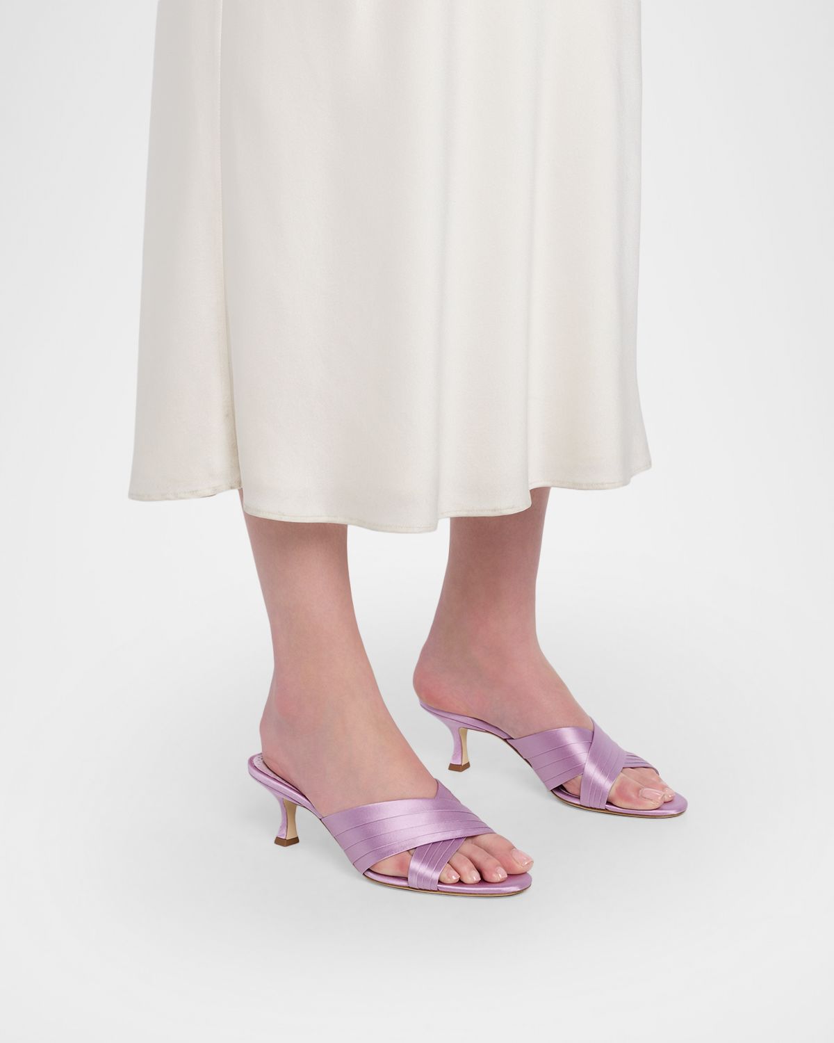 Manolo Blahnik Vieramul Pleated Satin Kitten-Heel Mule Sandals