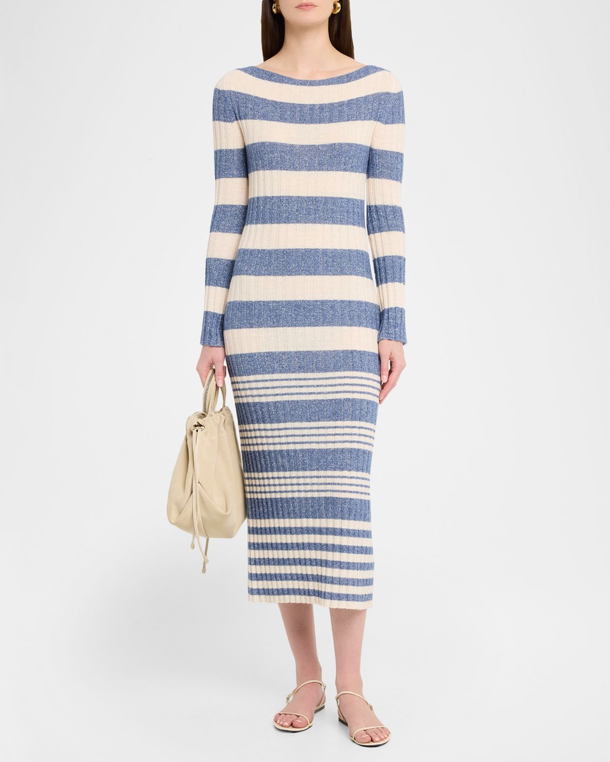 Guest in Residence Striped Rib Cashmere-Linen Midi Dress