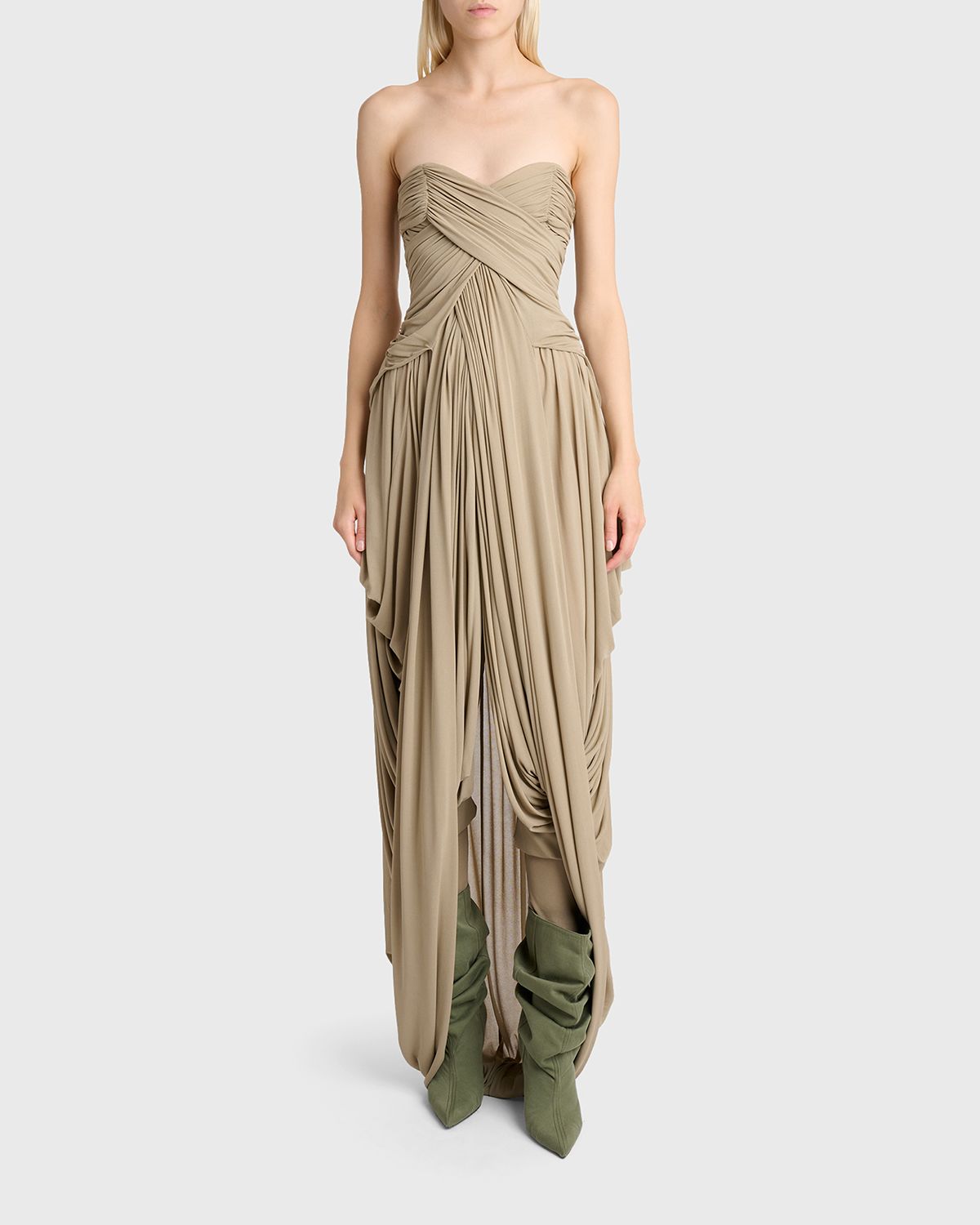 Balmain Strapless Draped Slit Gown