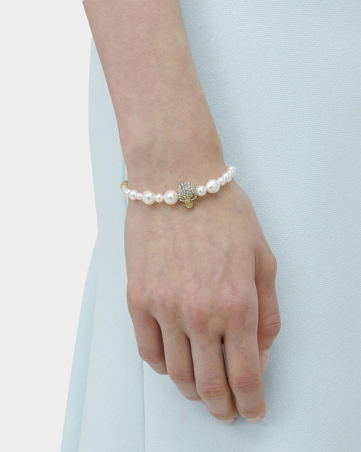 McQueen Goldtone, Imitation Pearl & Glass Crystal Skull Charm Bracelet