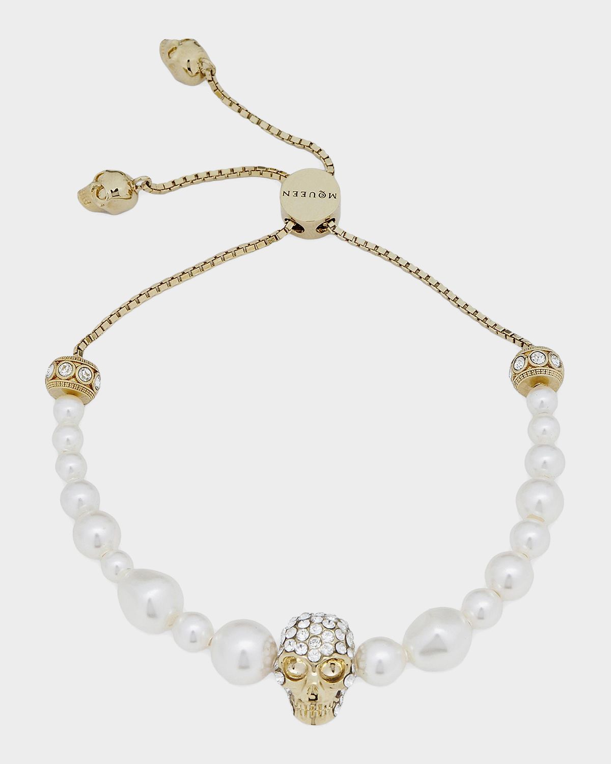McQueen Goldtone, Imitation Pearl & Glass Crystal Skull Charm Bracelet