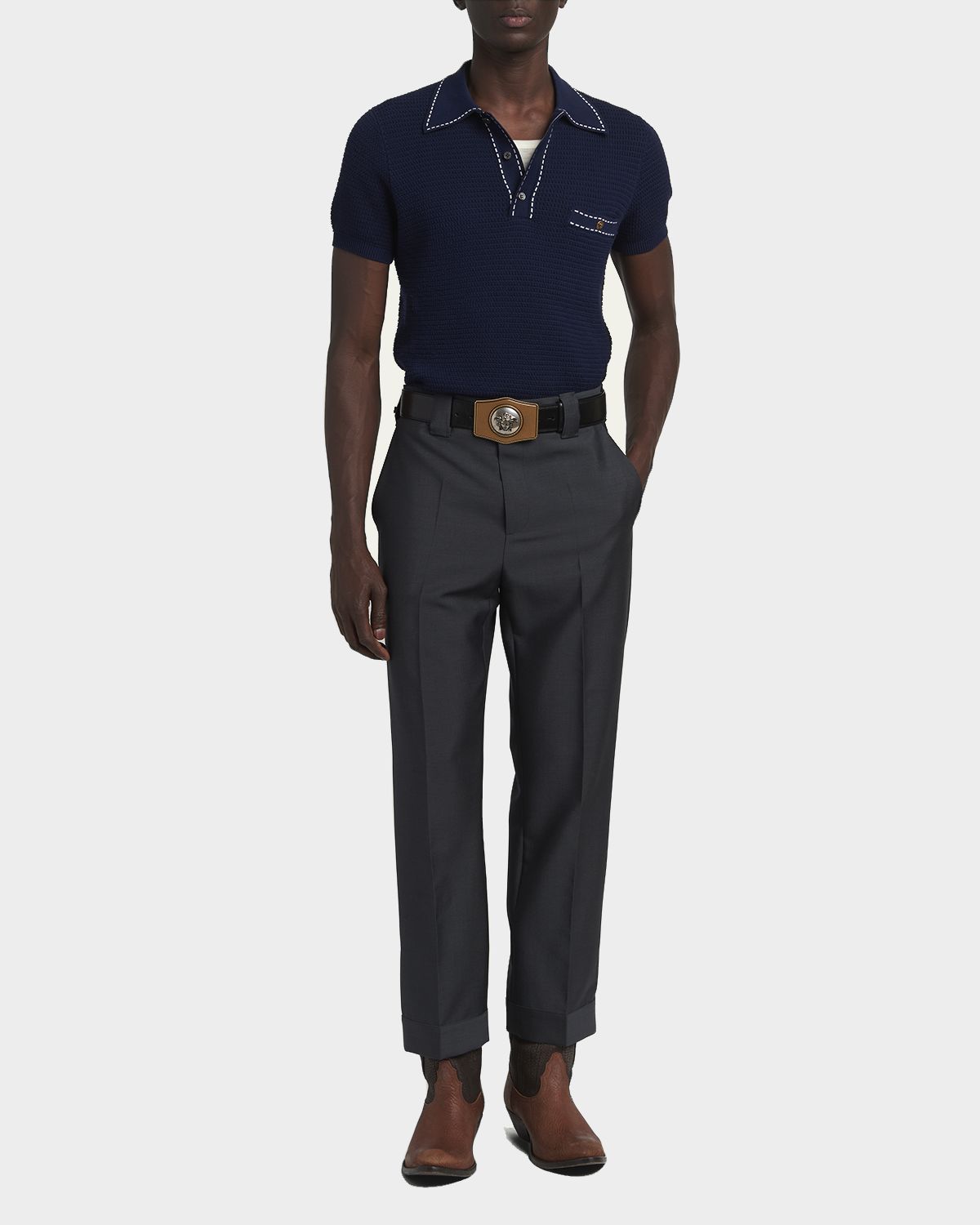 Versace Men 's Cotton Knit Polo Shirt with Contrast Stitching