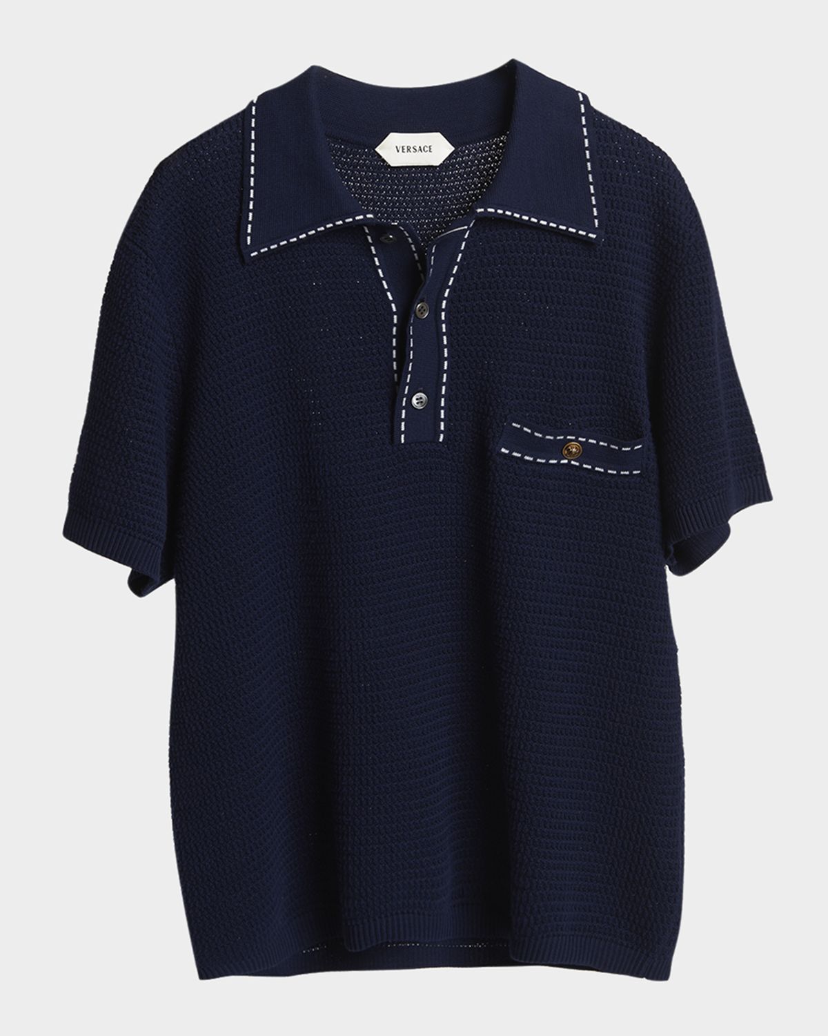 Versace Men 's Cotton Knit Polo Shirt with Contrast Stitching
