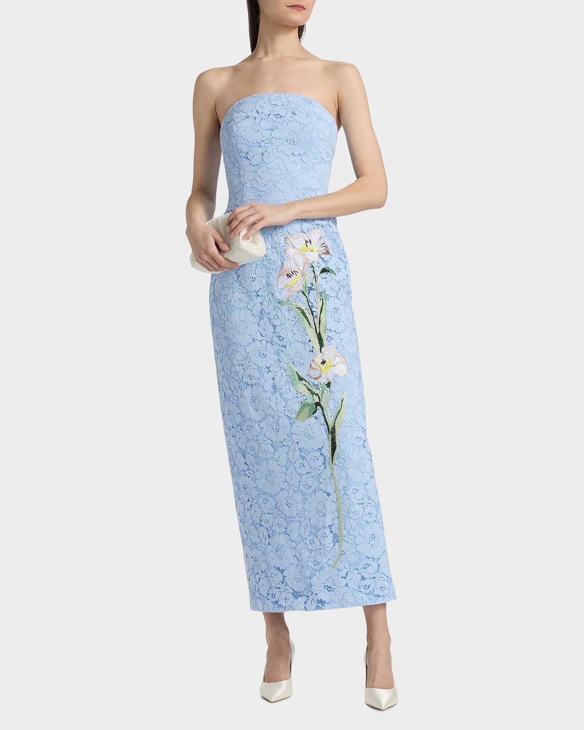 Milly Dolores Strapless Floral Lace Midi Dress