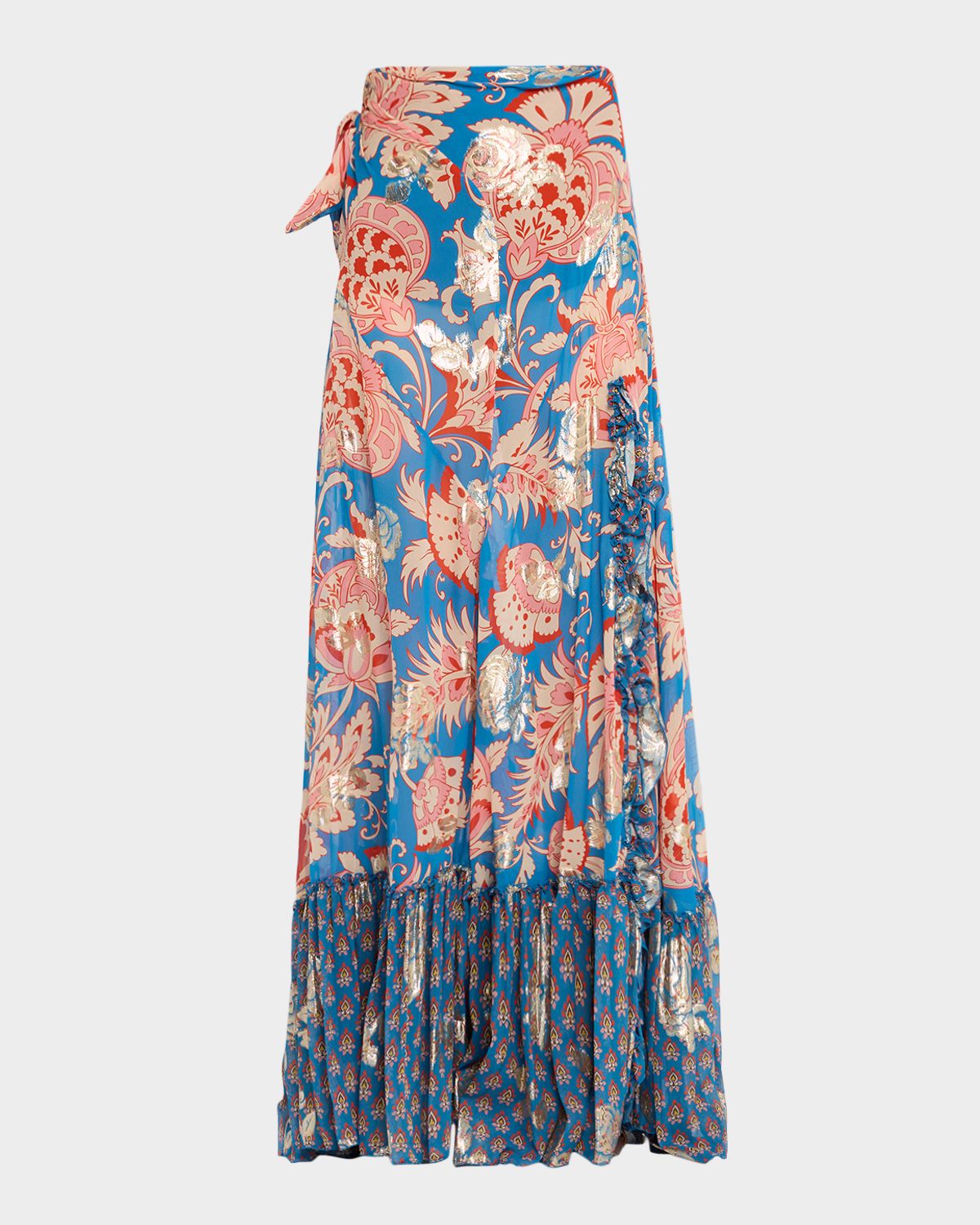 Etro Ruffled Slit Metallic Silk Maxi Skirt
