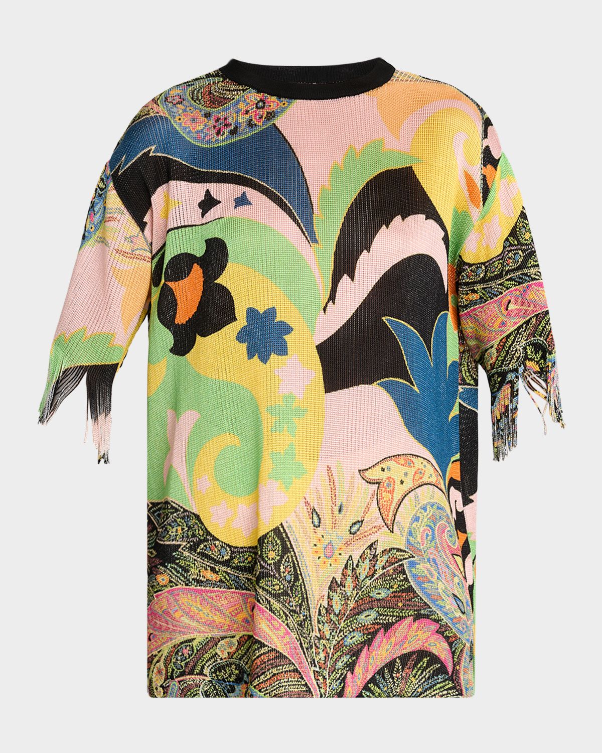 Etro Paisley-Print Fringed Short-Sleeve Sweater