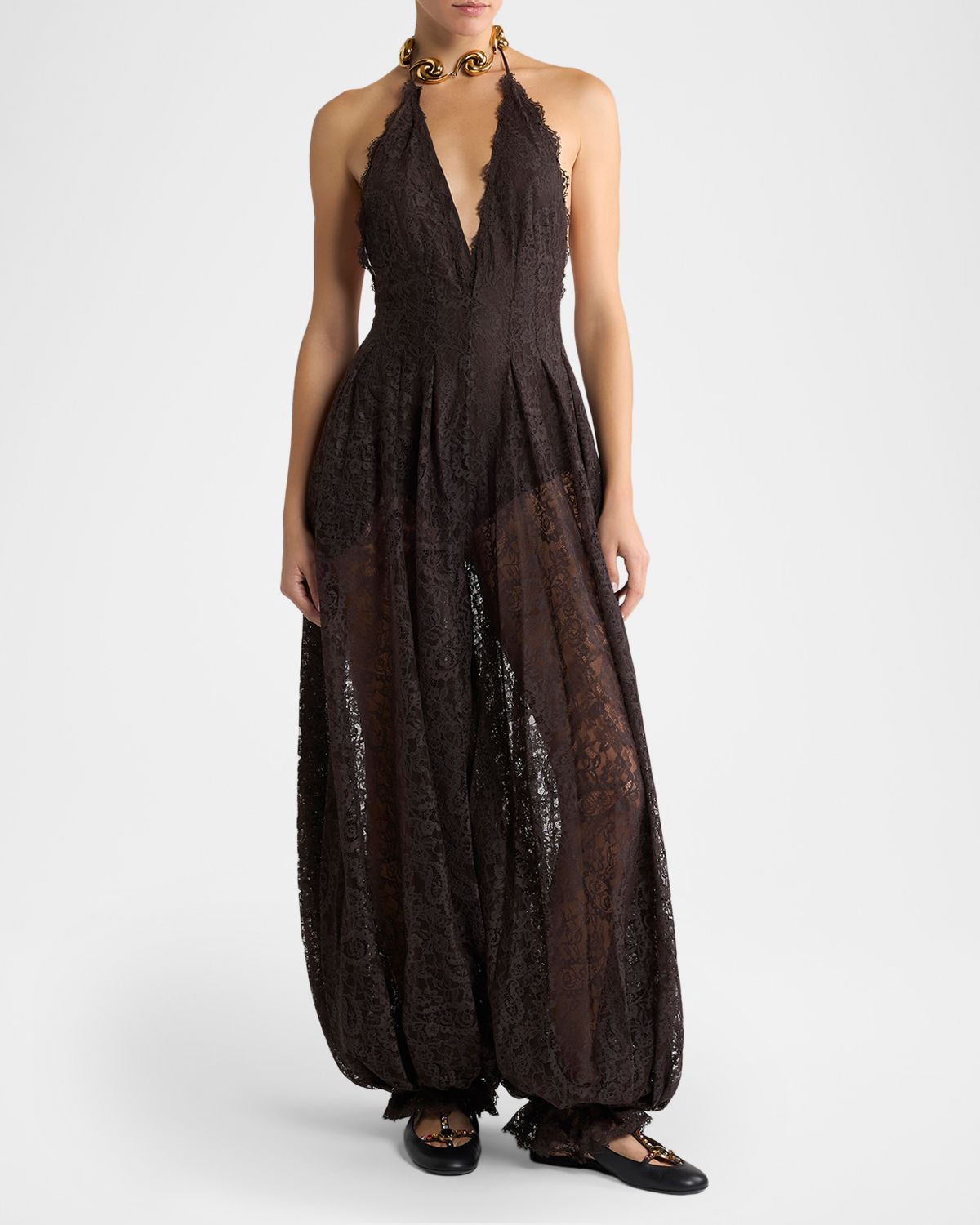 Etro Plunging Halter Lace Balloon-Leg Jumpsuit