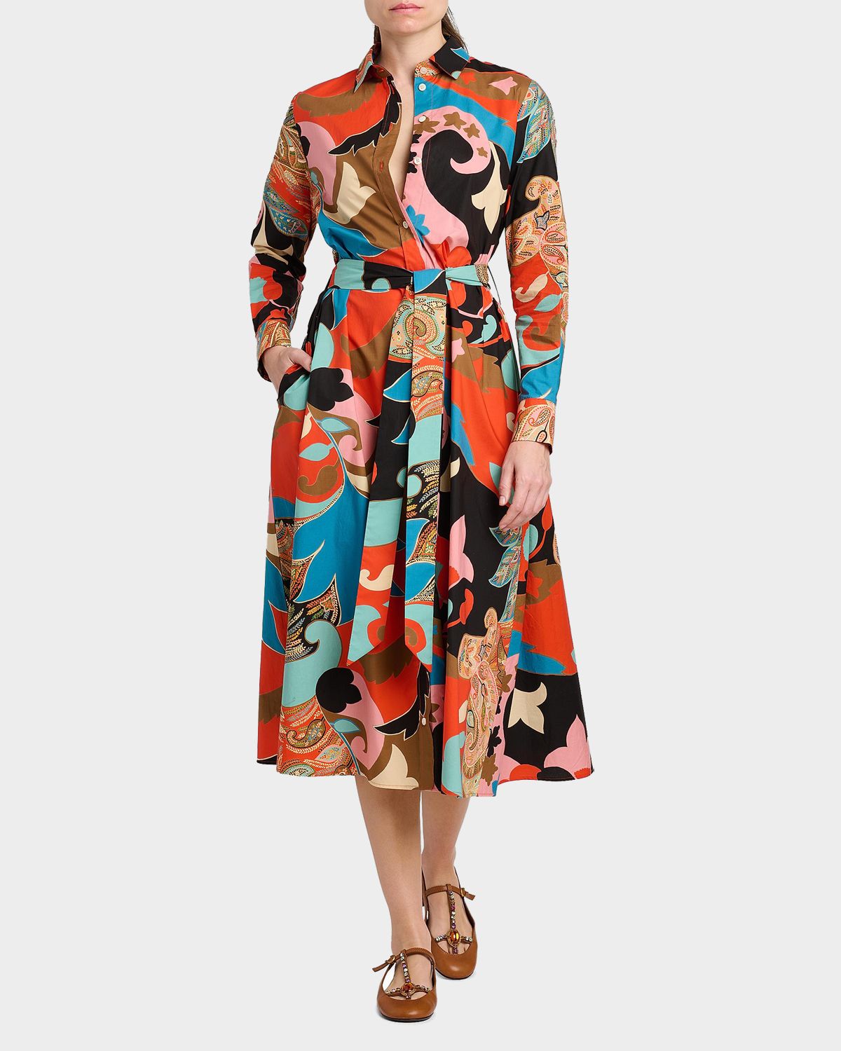 Etro Paisley-Print Cotton Poplin Belted Midi Shirtdress