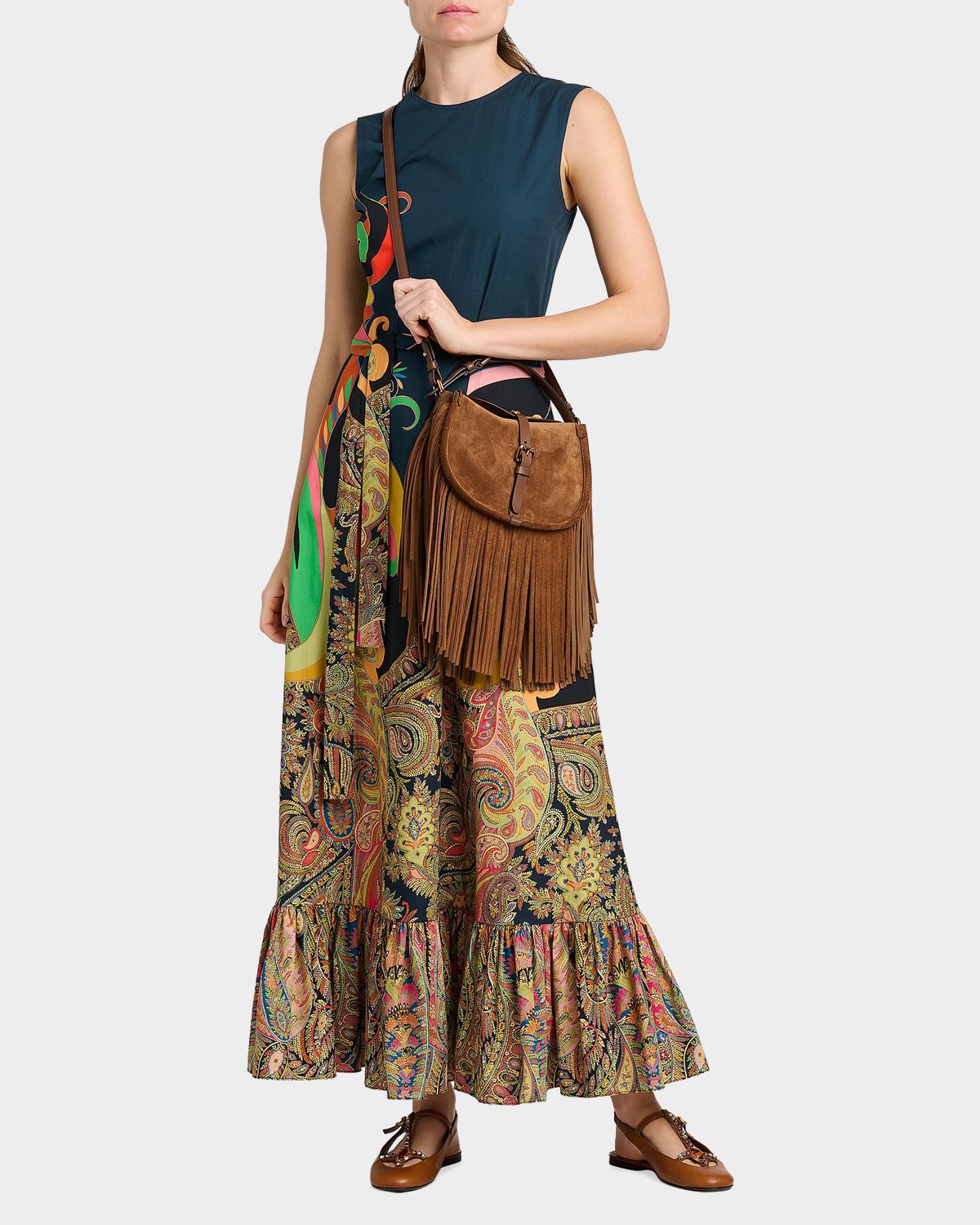 Etro Paisley Lotus Print Cotton Flounce Maxi Dress