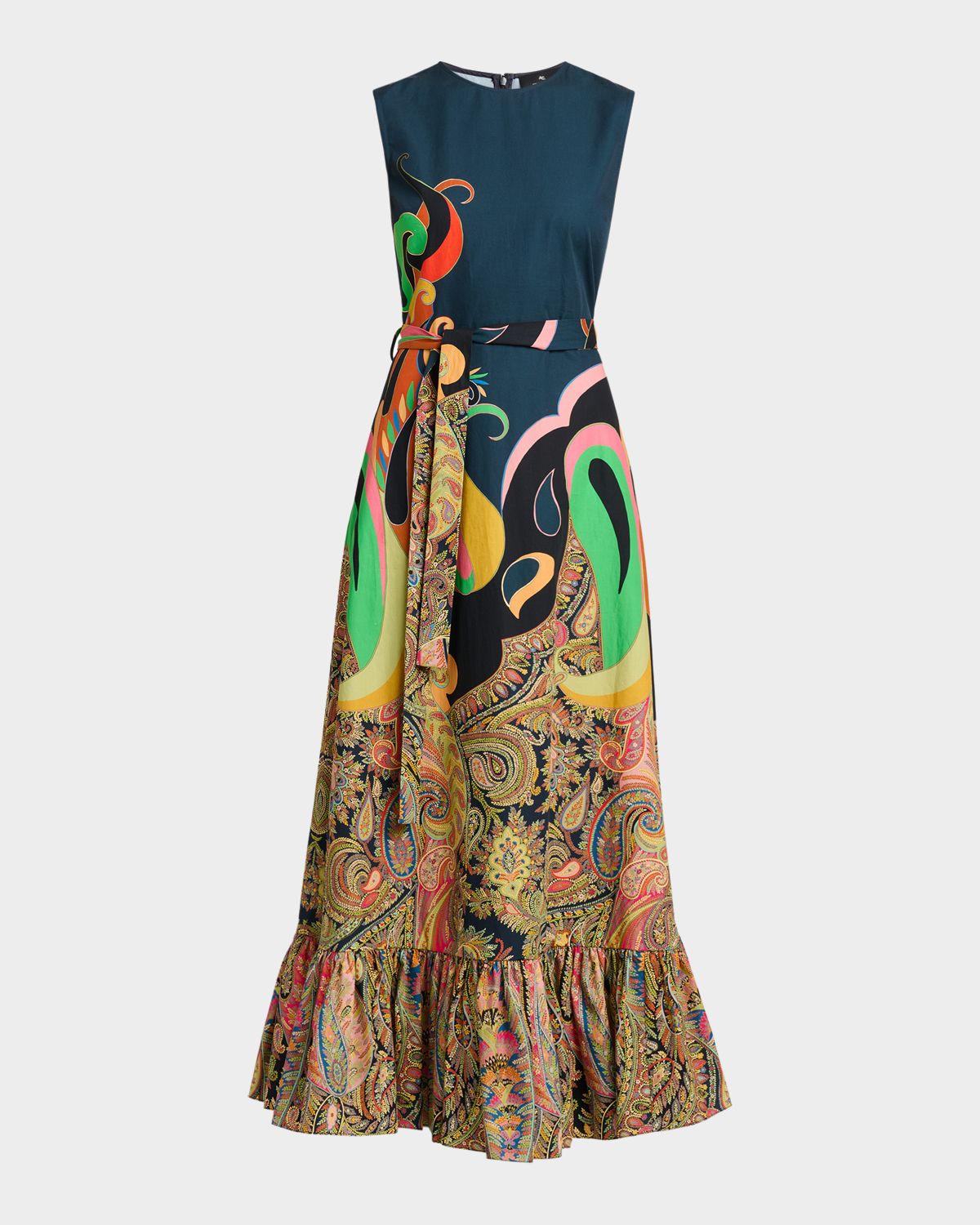 Etro Paisley Lotus Print Cotton Flounce Maxi Dress