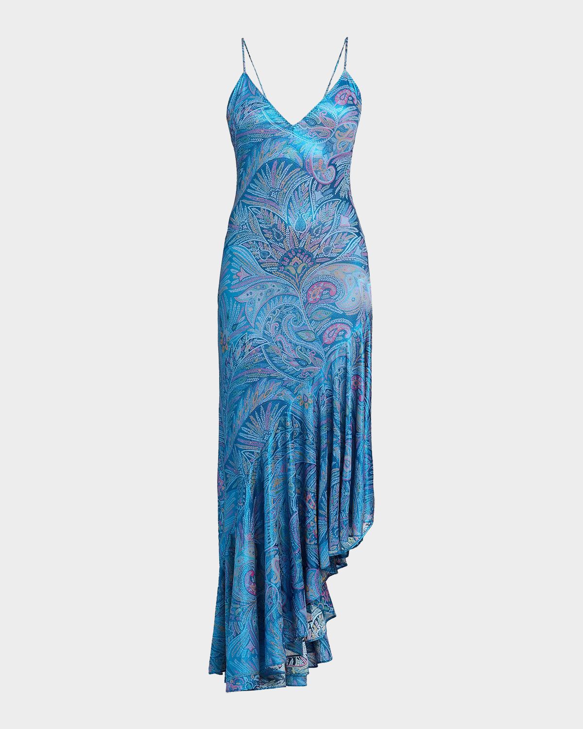 Etro Metallic Paisley Jersey Asymmetric Ruffle Midi Dress