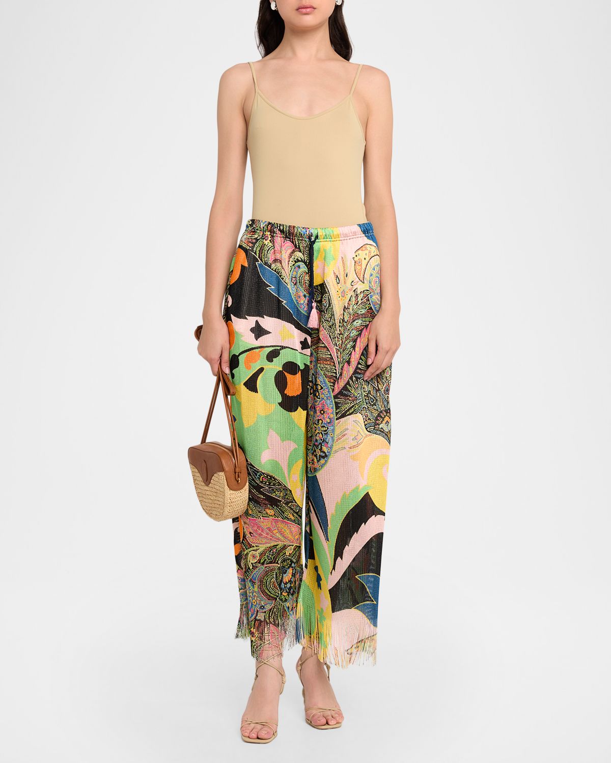 Etro Paisley-Print Knit Fringe Straight-Leg Ankle Trousers