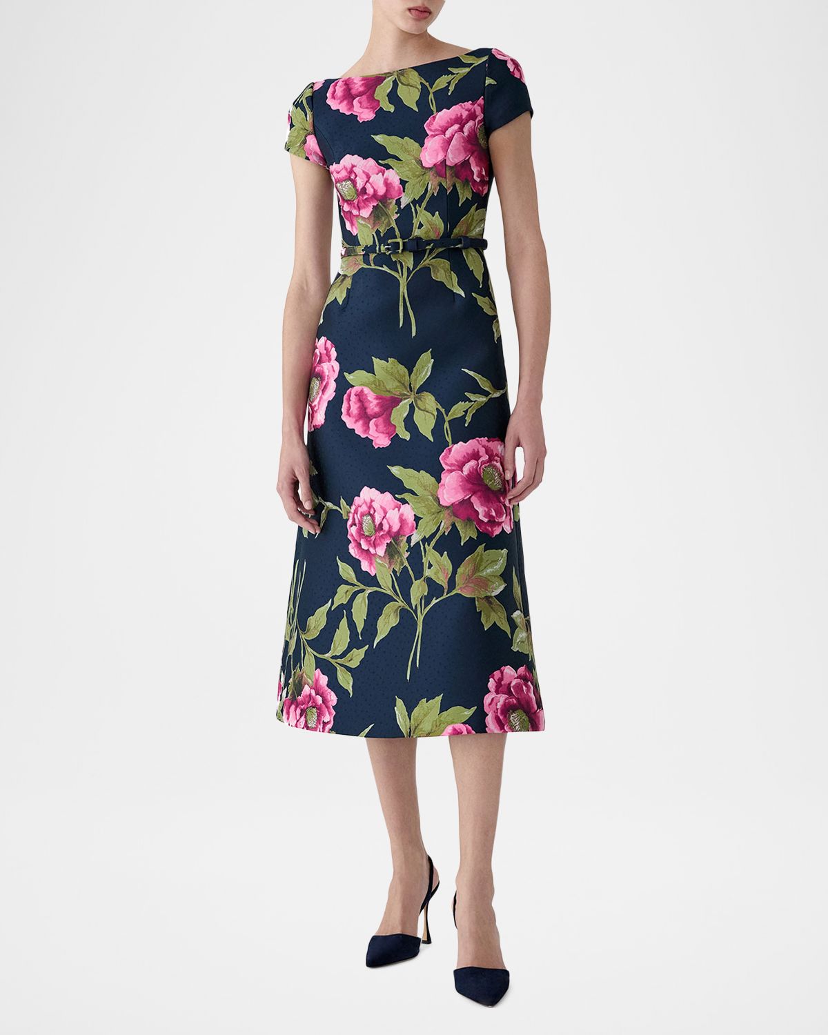 Carolina Herrera Metallic Floral Jacquard Short-Sleeve Belted Midi Dress | Thumbnail 4 Carolina Herrera Metallic Floral Jacquard Short-Sleeve Belted Midi Dress | Thumbnail 4