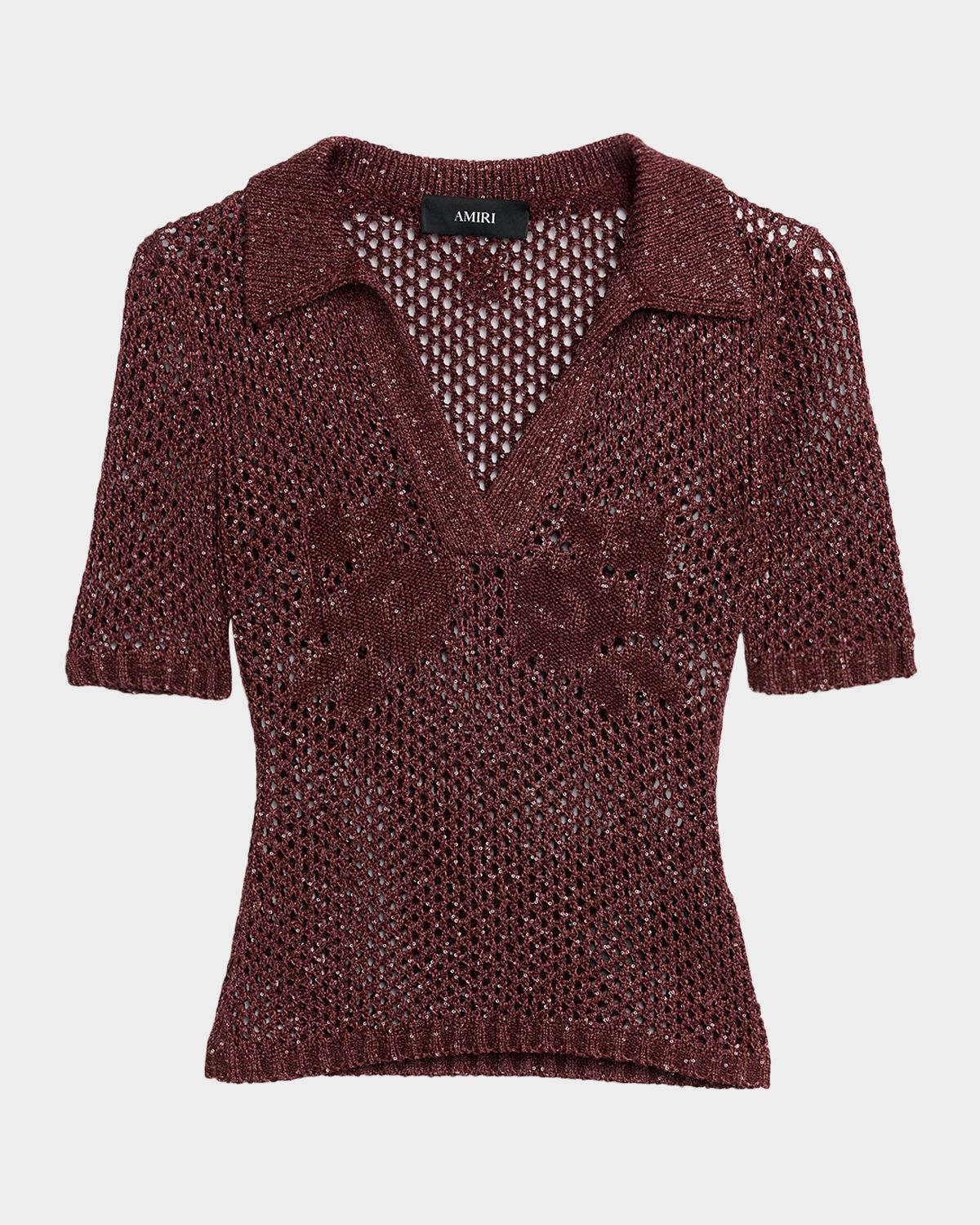 Amiri Metallic Floral Crochet Short-Sleeve Polo Top