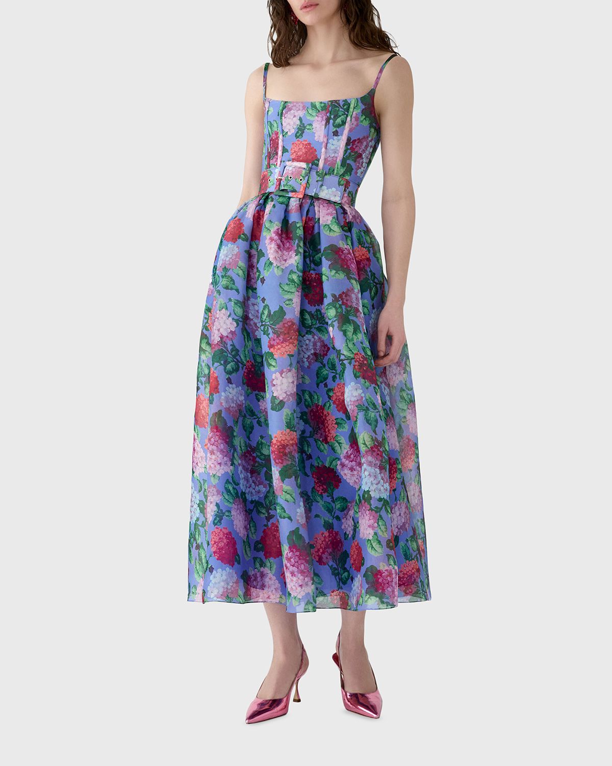 Carolina Herrera Hydrangea-Print Silk Organza Fit-and-Flare Midi Dress | Thumbnail 4