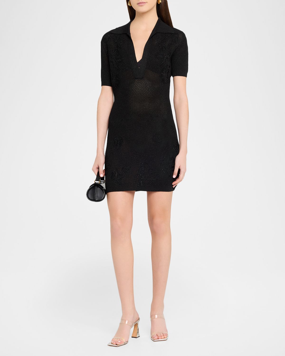 Amiri Metallic Floral Crochet Short-Sleeve Mini Polo Dress