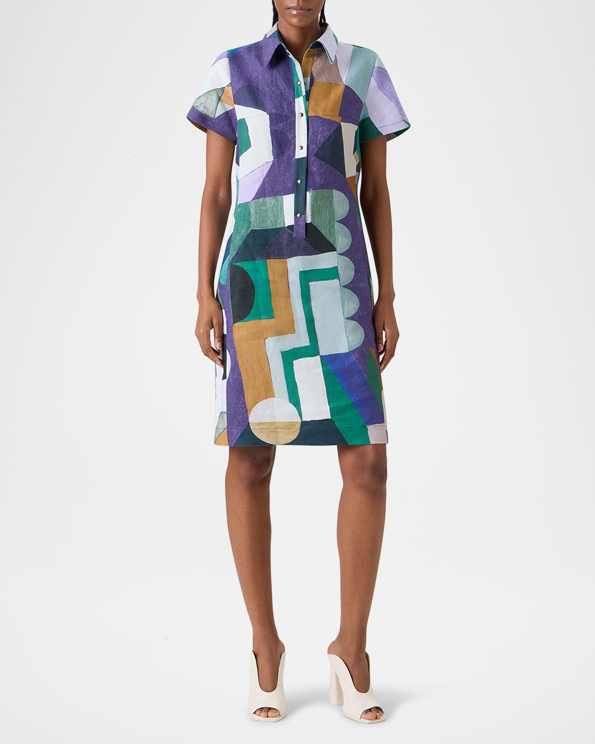 Akris Abstract-Print Linen Short-Sleeve Polo Dress