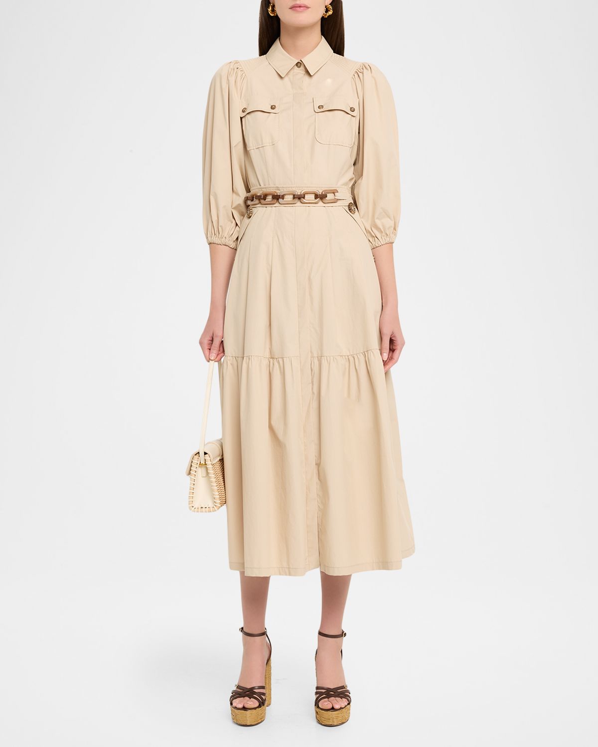 Maison Common Cotton Puff-Sleeve Belted Midi Shirtdress