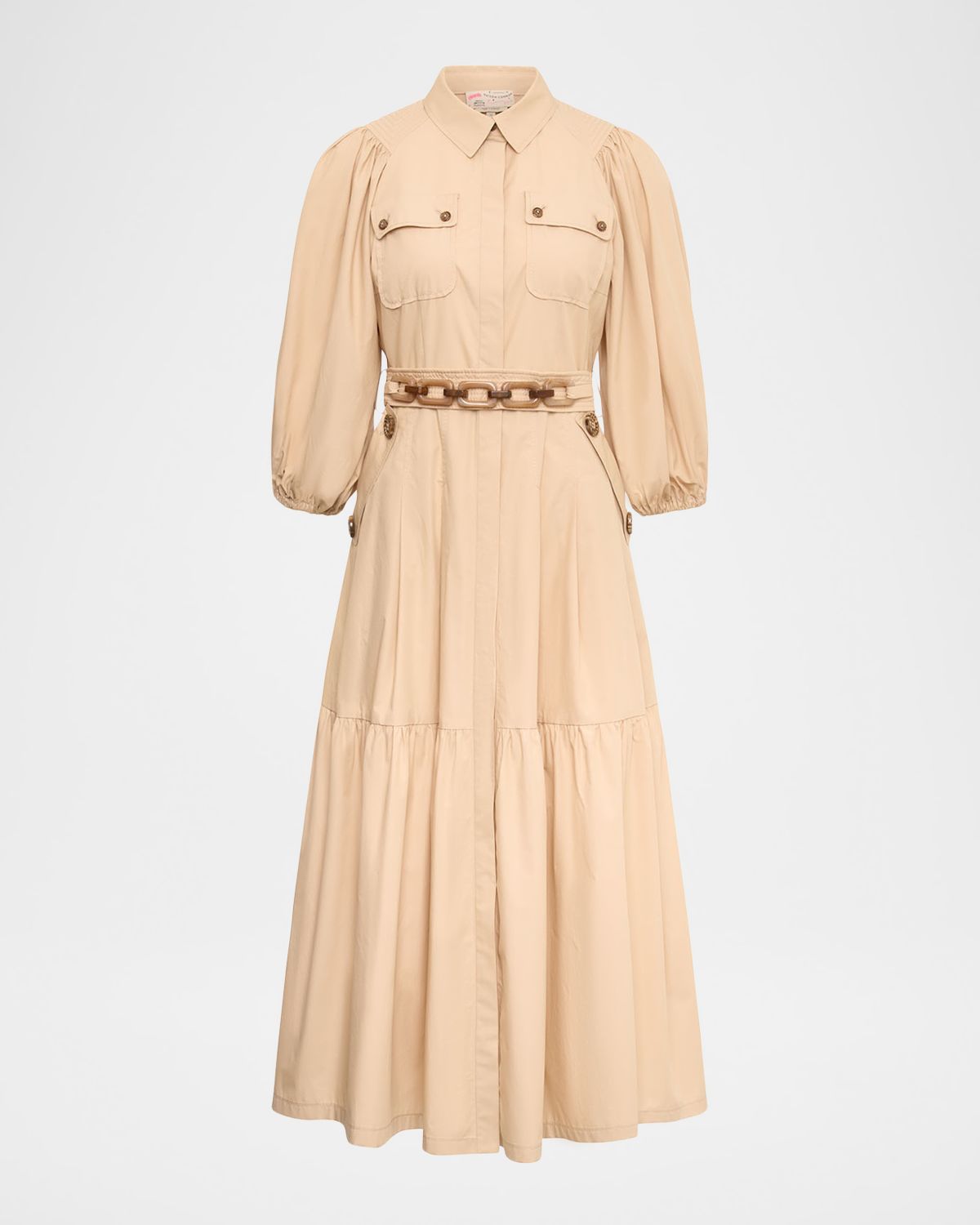 Maison Common Cotton Puff-Sleeve Belted Midi Shirtdress