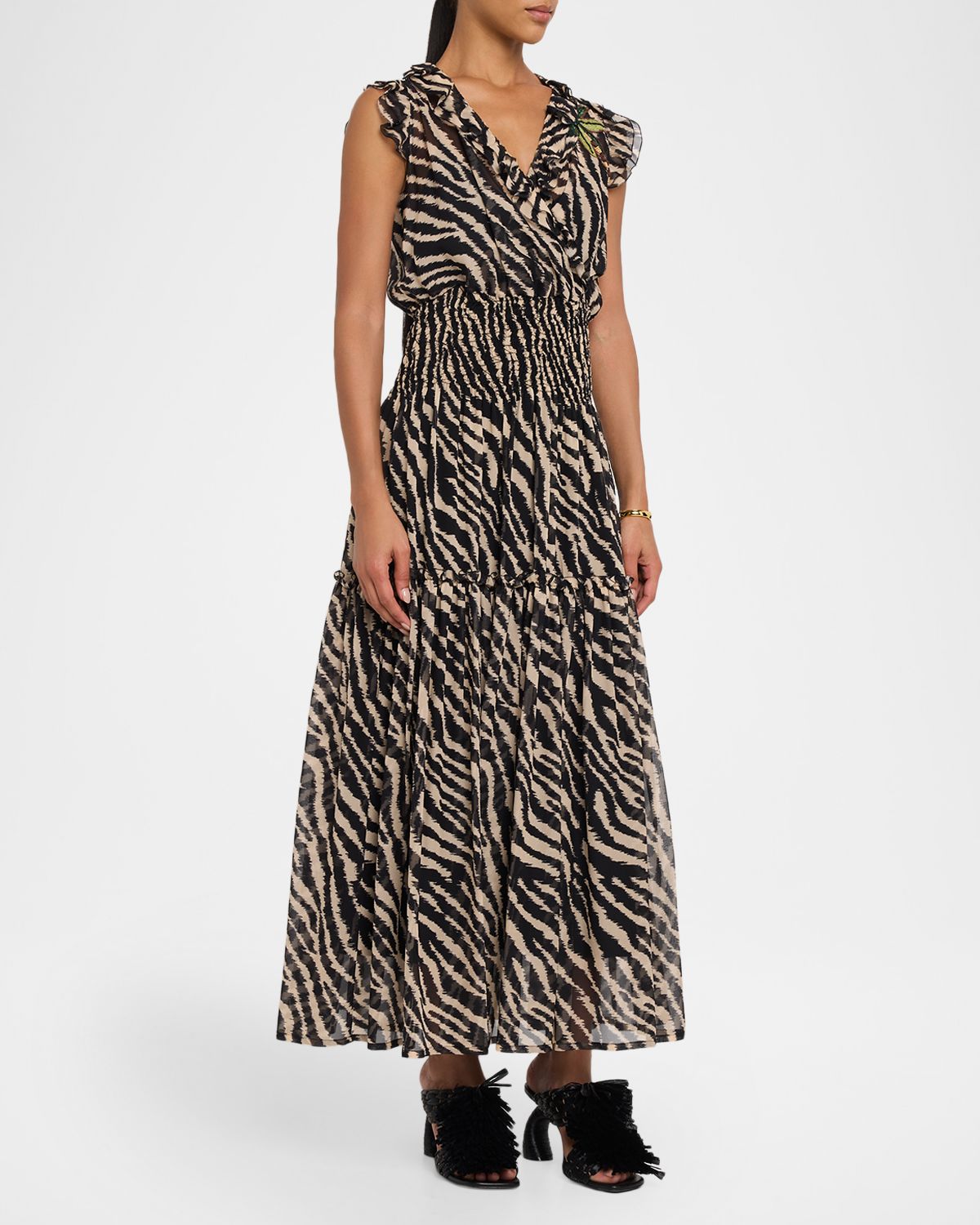 Maison Common Animal-Print Smocked Silk Chiffon Maxi Dress
