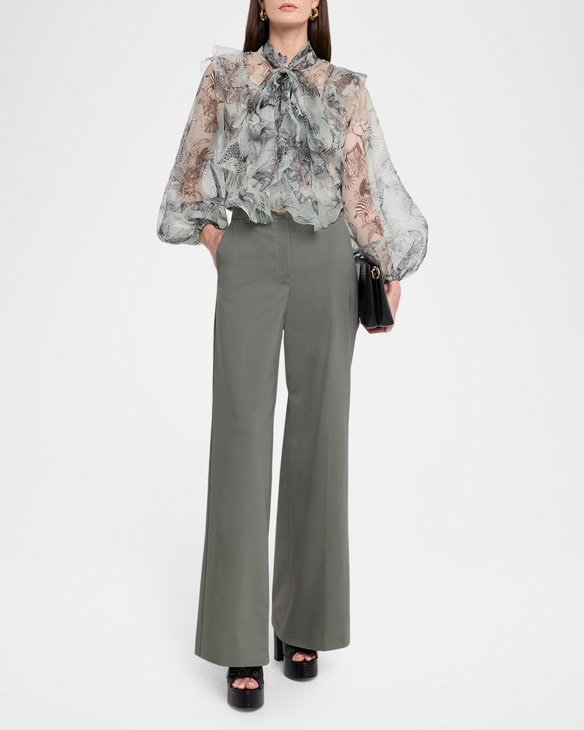 Maison Common African-Print Silk Chiffon Neck Scarf Blouse