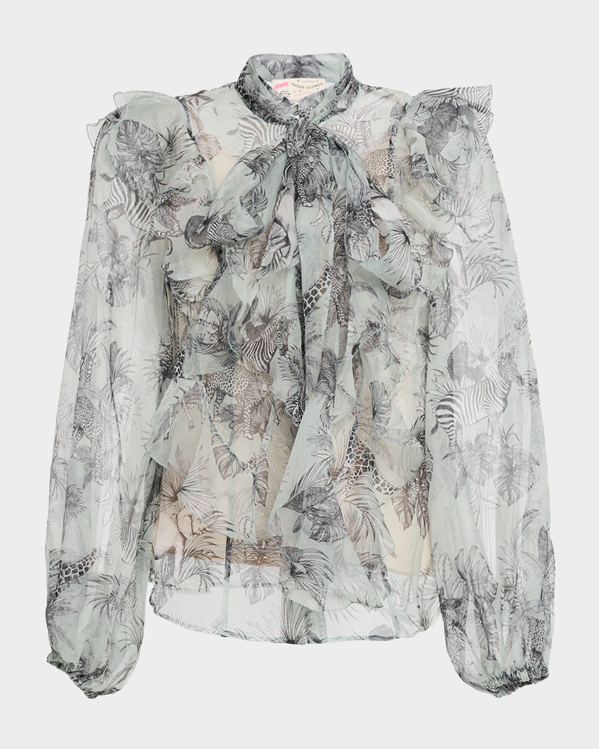 Maison Common African-Print Silk Chiffon Neck Scarf Blouse