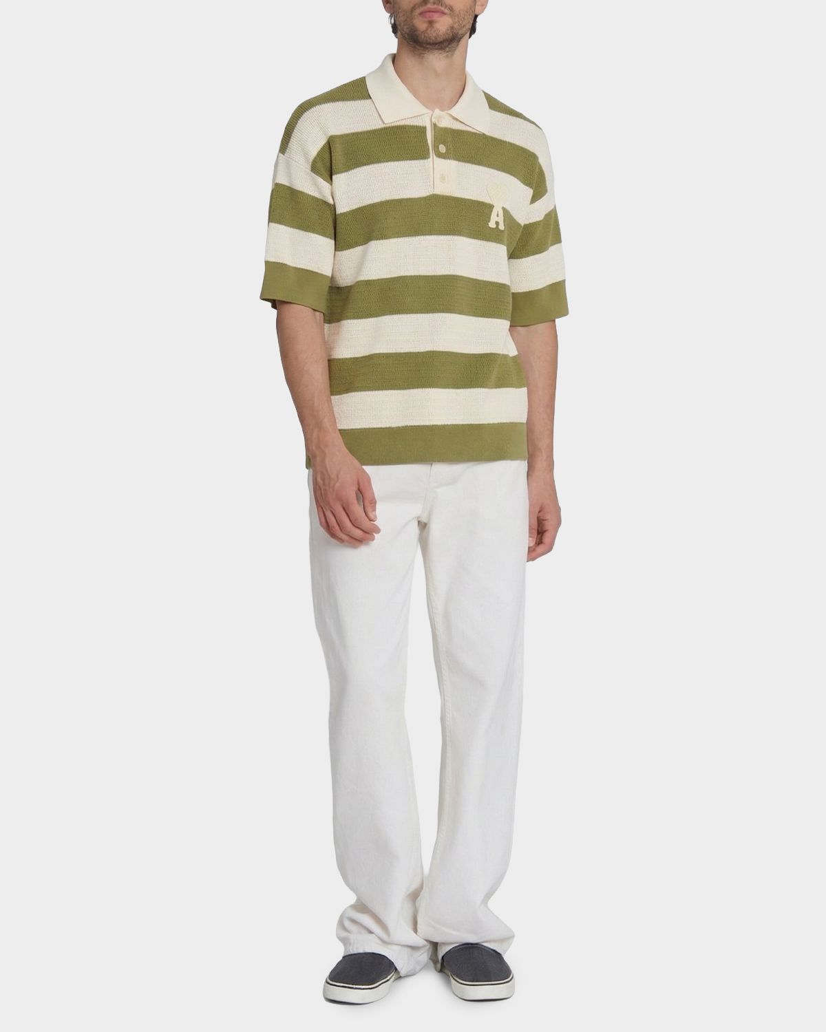 Ami Paris Men 's Crochet Ami de Coeur Stripe Cotton Knit Polo Shirt