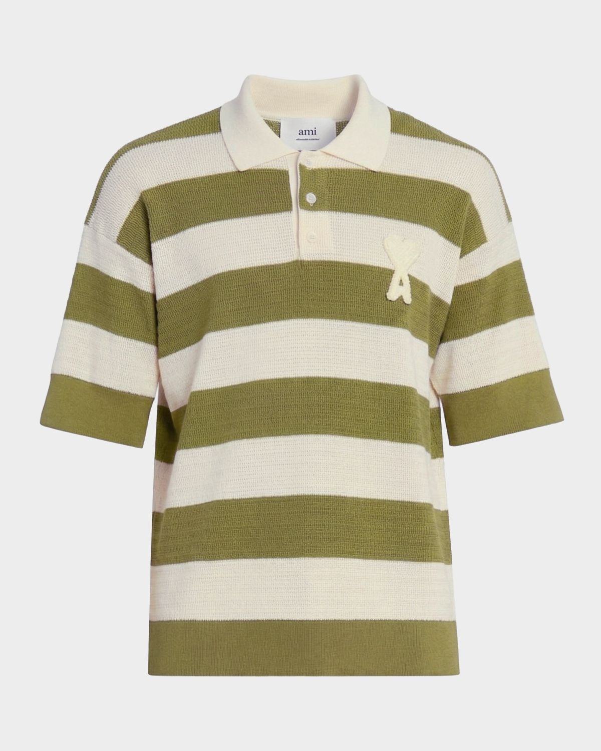 Ami Paris Men 's Crochet Ami de Coeur Stripe Cotton Knit Polo Shirt